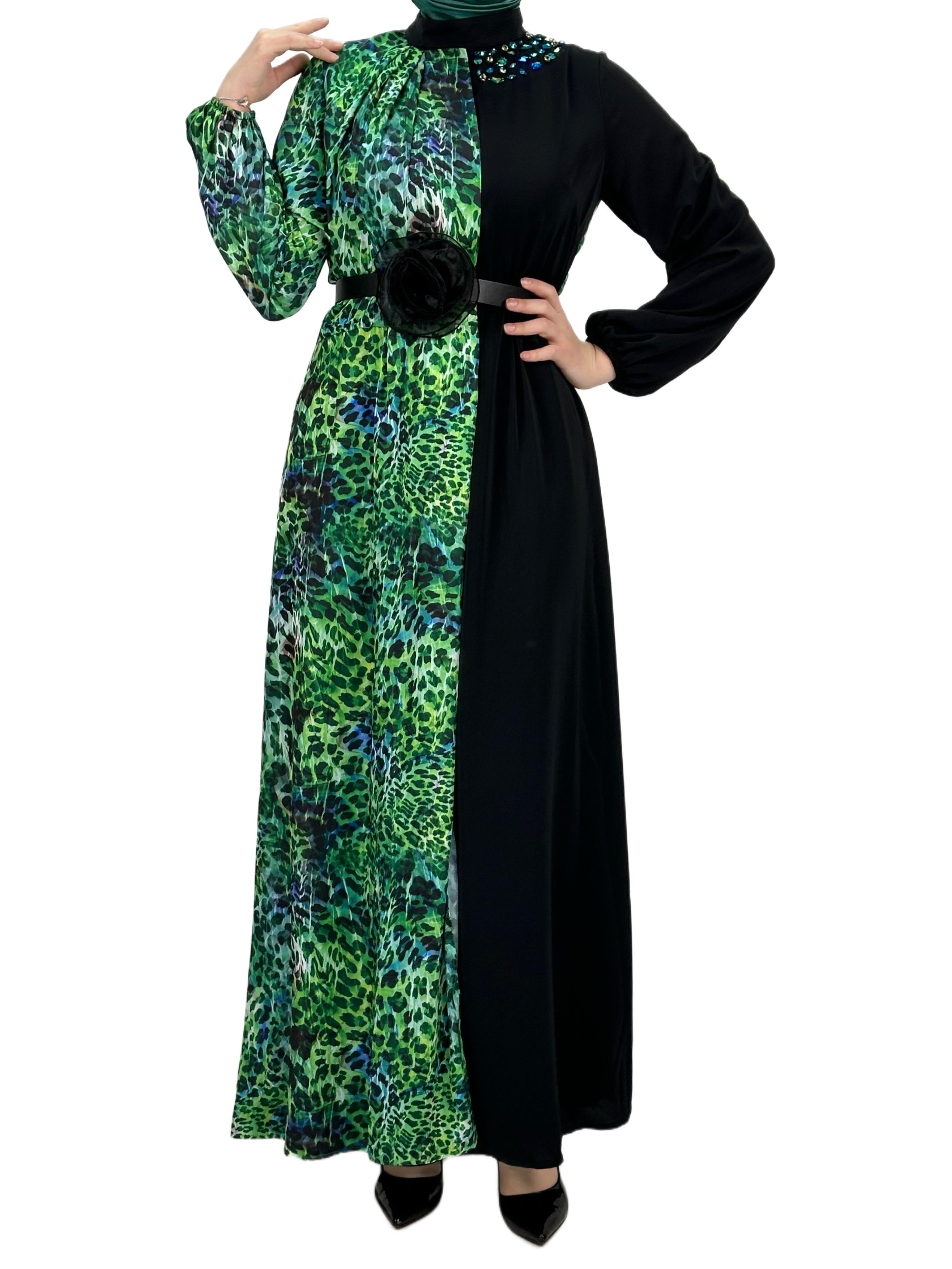 Orhan Store Kemerli Elbise Siyah-Yeşil OTW1554