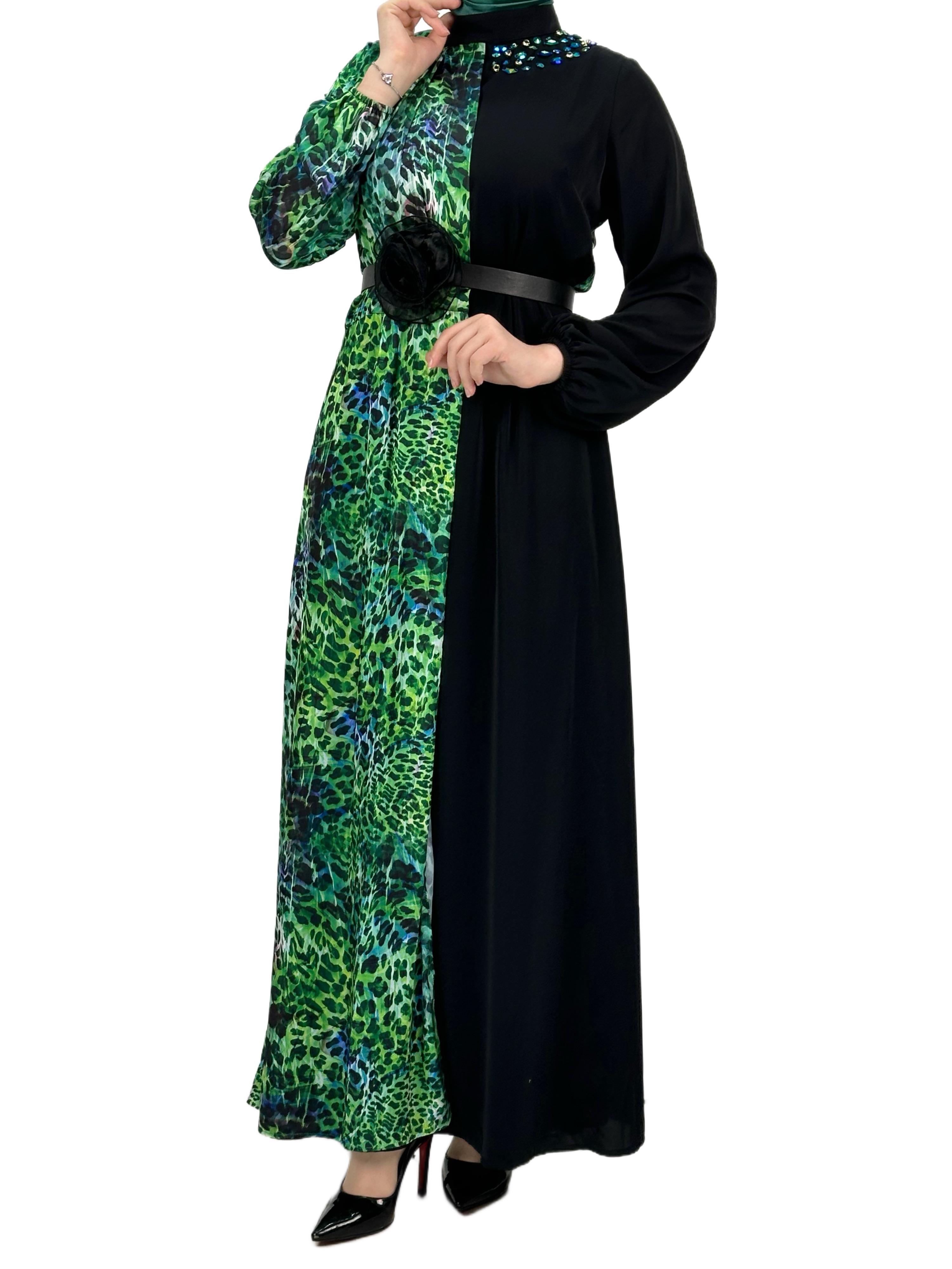 Orhan Store Kemerli Elbise Siyah-Yeşil OTW1554