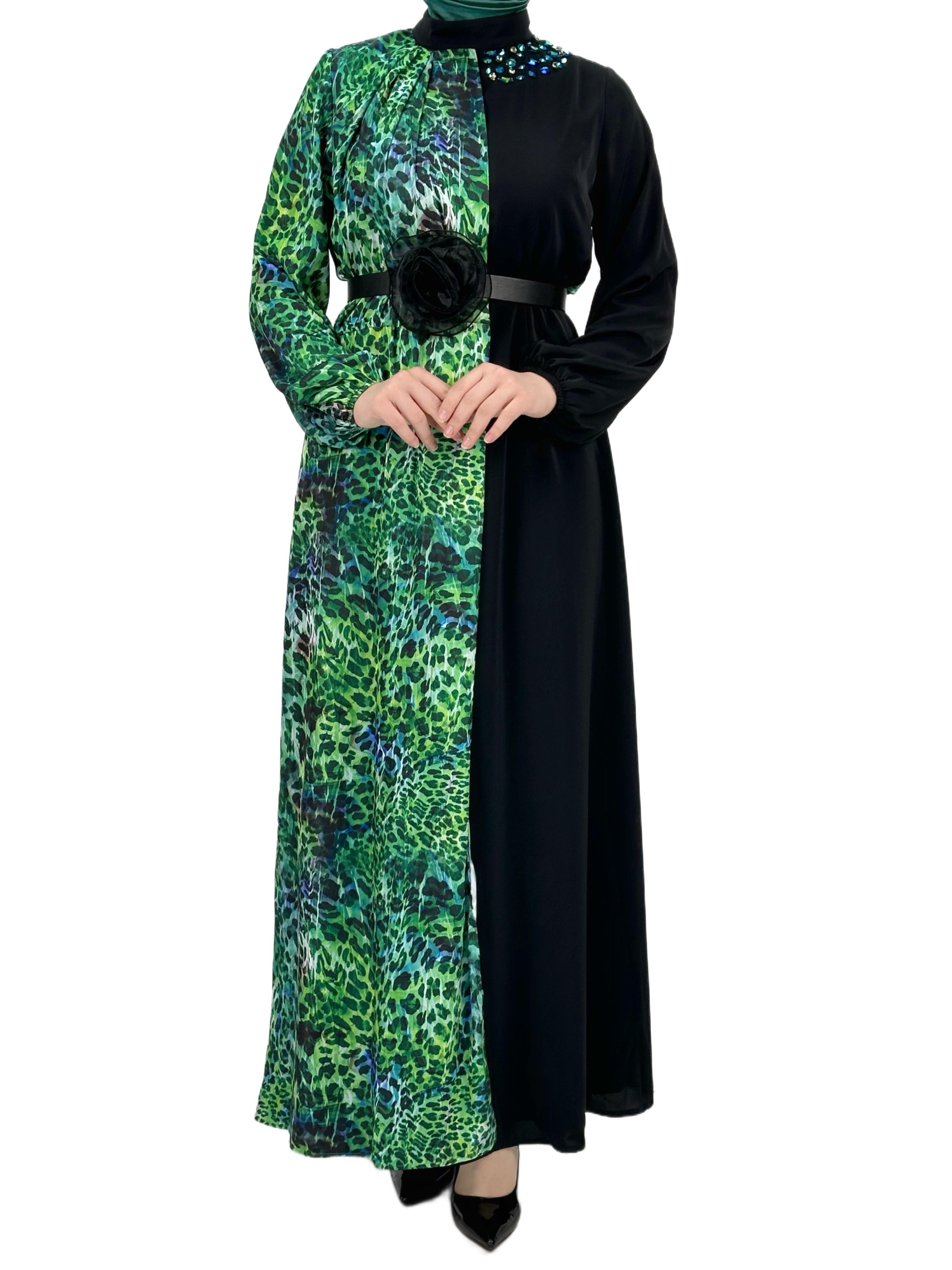 Orhan Store Kemerli Elbise Siyah-Yeşil OTW1554