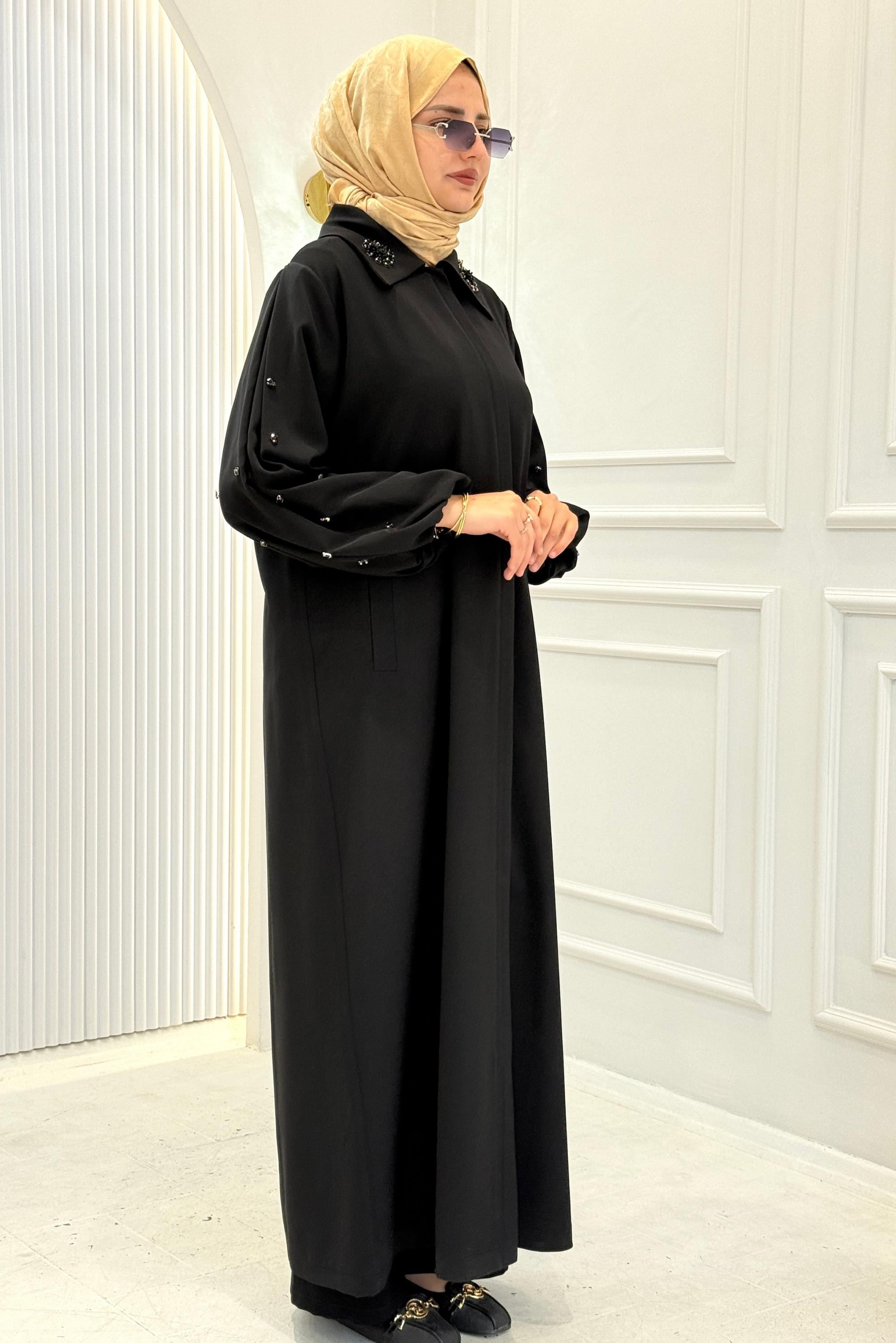 Orhan Store Klasik Yaka Taş Detaylı Ferace Siyah OTW1197