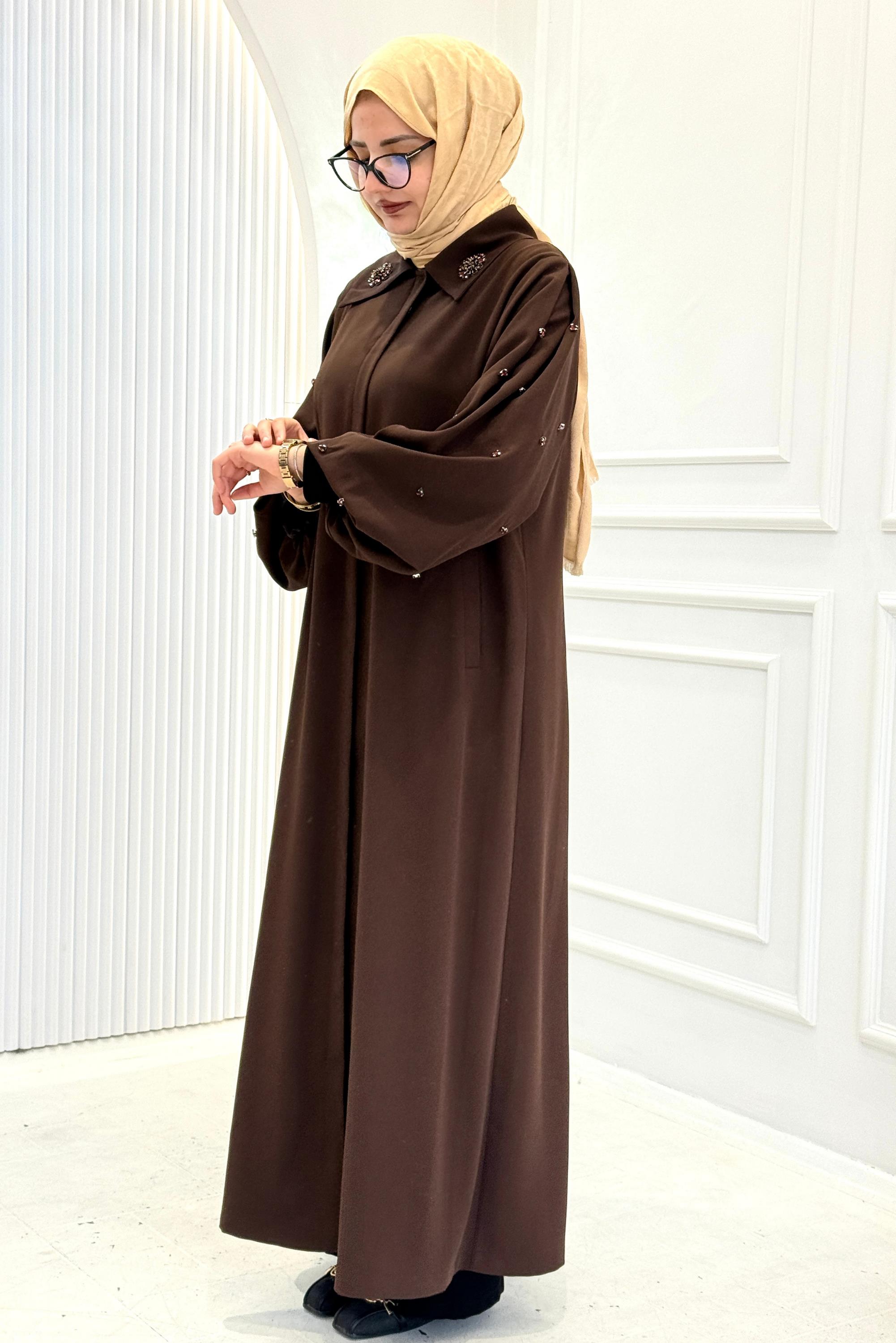 Orhan Store Klasik Yaka Taş Detaylı Ferace Kahve OTW1197