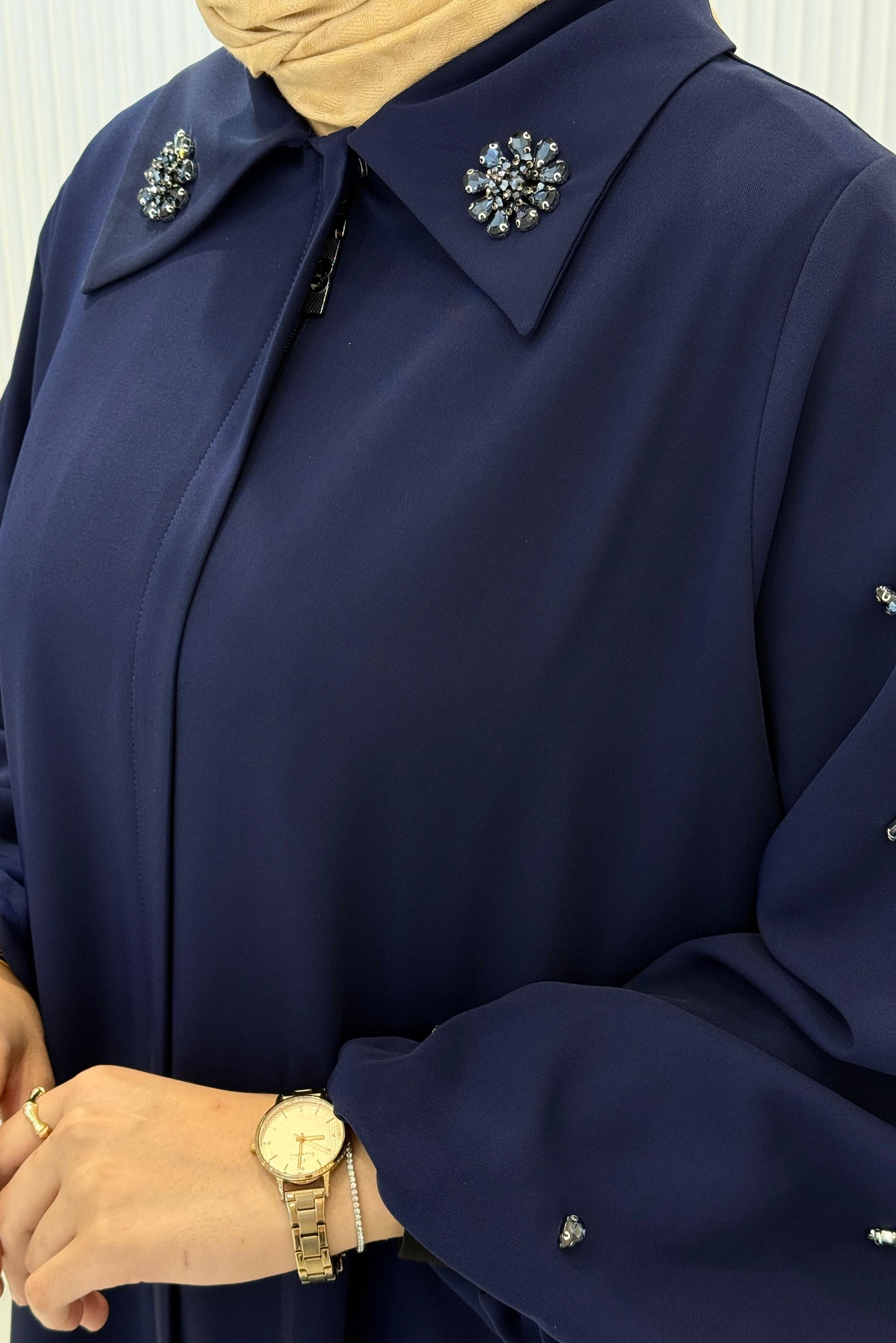 Orhan Store Klasik Yaka Taş Detaylı Ferace Lacivert OTW1197