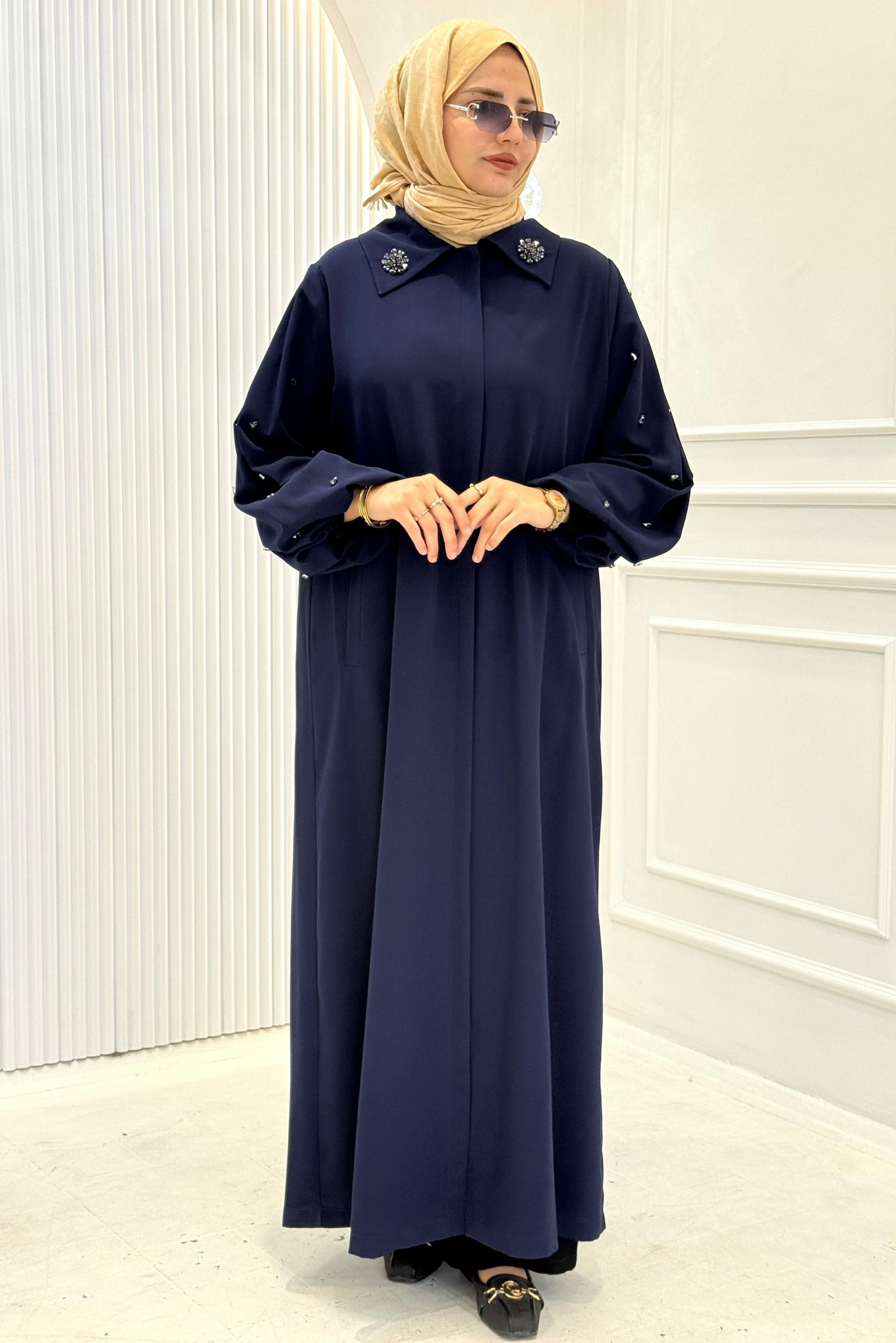 Orhan Store Klasik Yaka Taş Detaylı Ferace Lacivert OTW1197