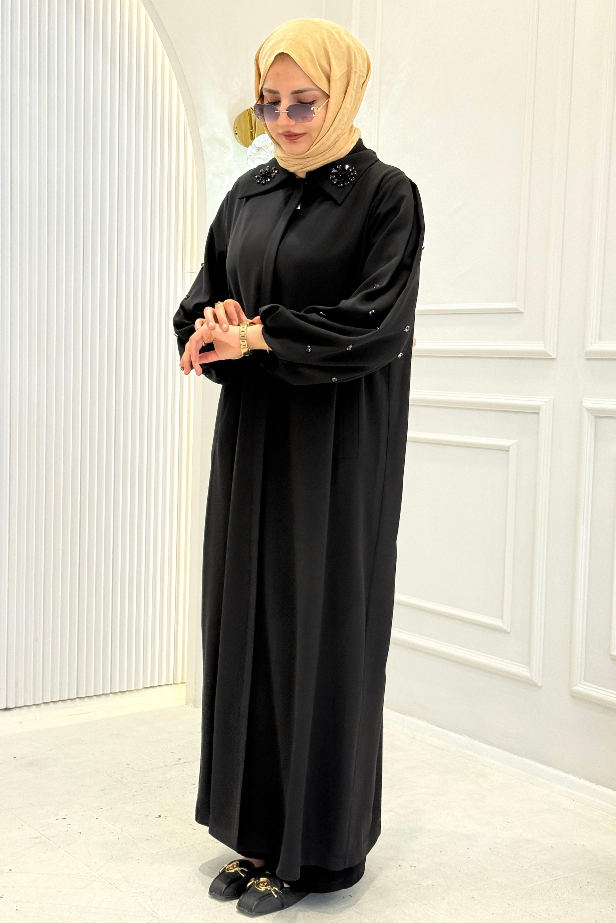 Orhan Store Klasik Yaka Taş Detaylı Ferace Siyah OTW1197