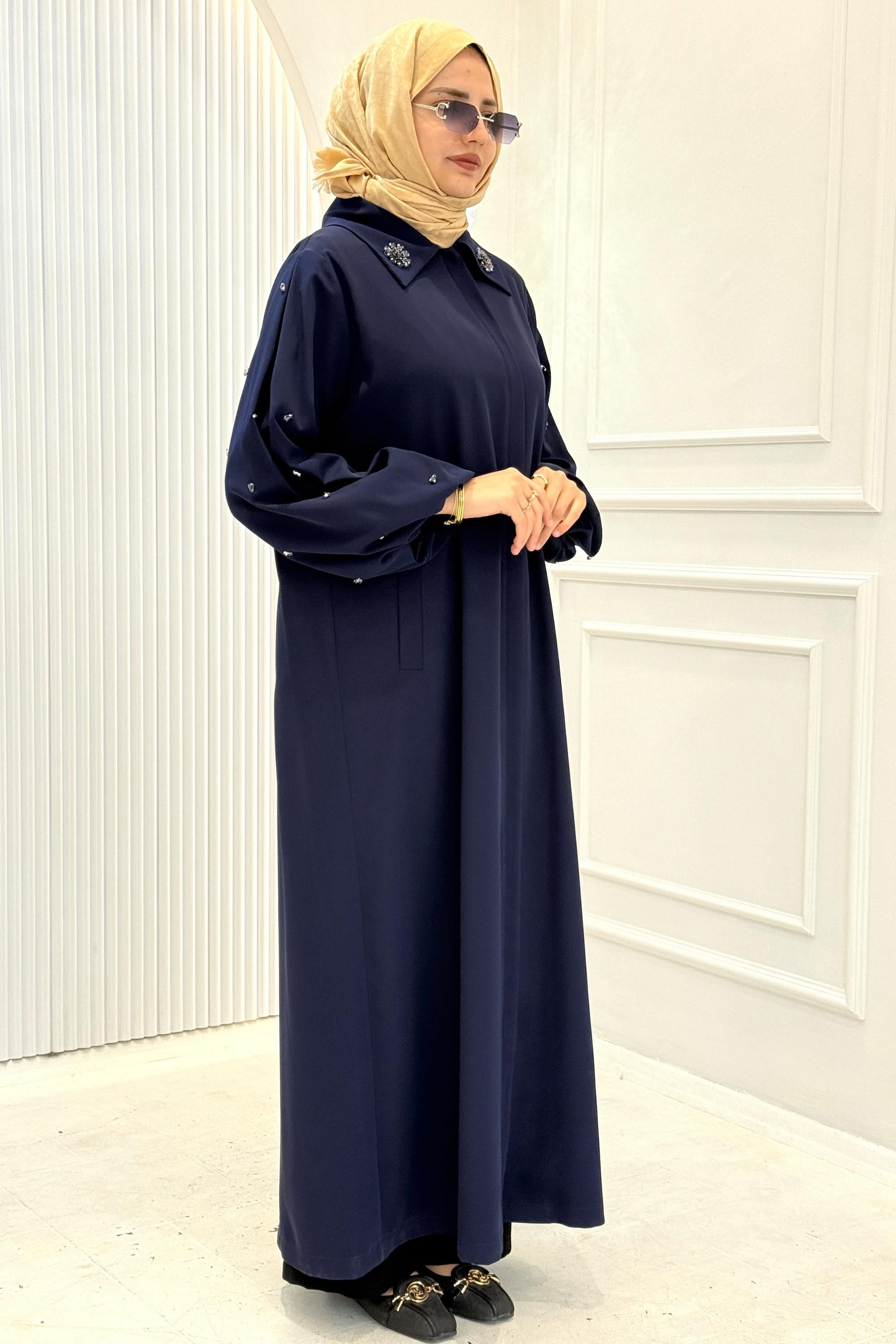 Orhan Store Klasik Yaka Taş Detaylı Ferace Lacivert OTW1197