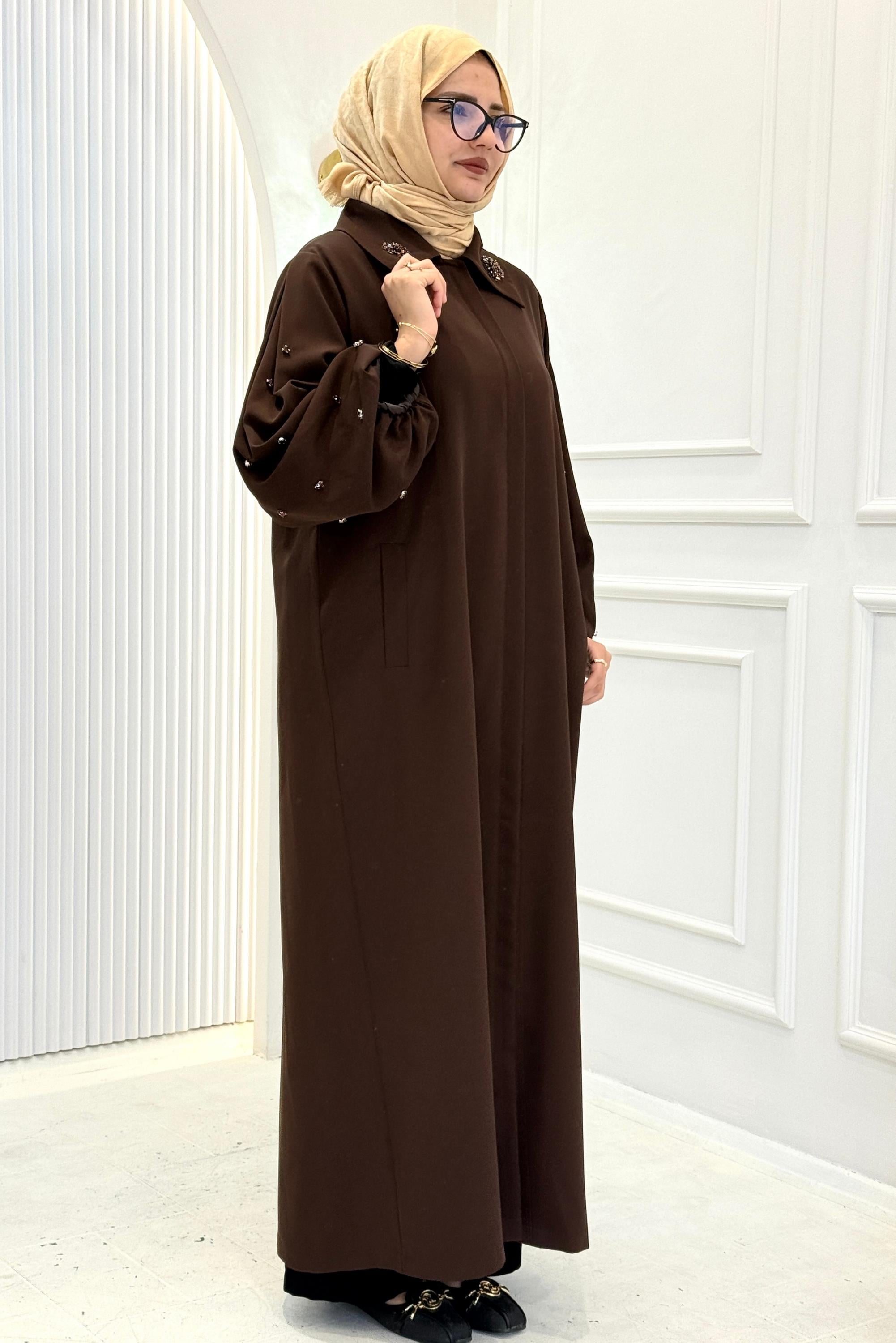 Orhan Store Klasik Yaka Taş Detaylı Ferace Kahve OTW1197