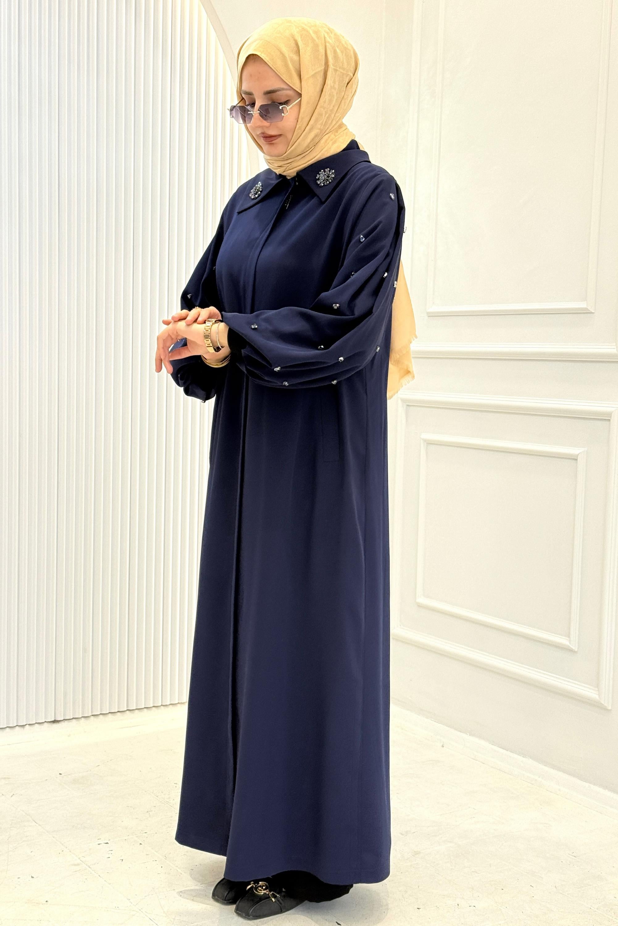 Orhan Store Klasik Yaka Taş Detaylı Ferace Lacivert OTW1197