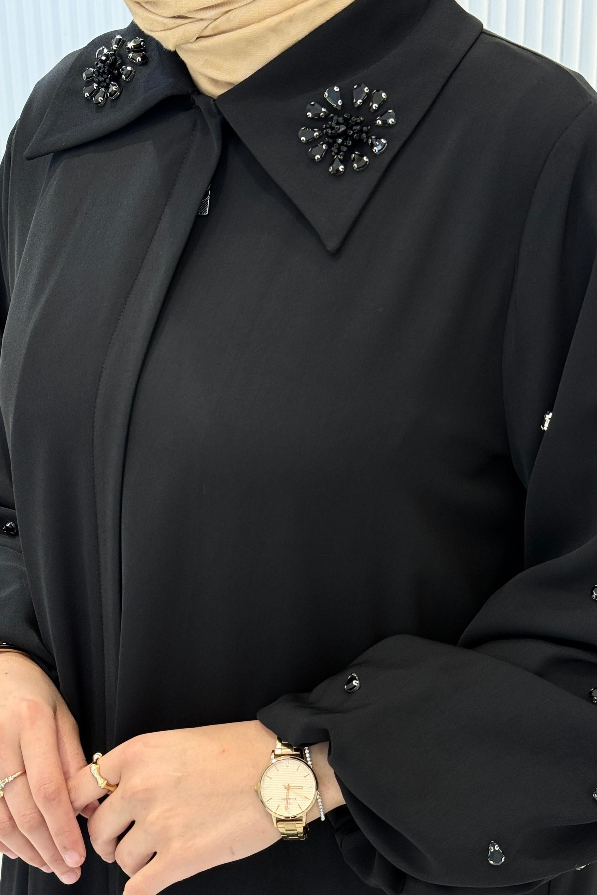 Orhan Store Klasik Yaka Taş Detaylı Ferace Siyah OTW1197