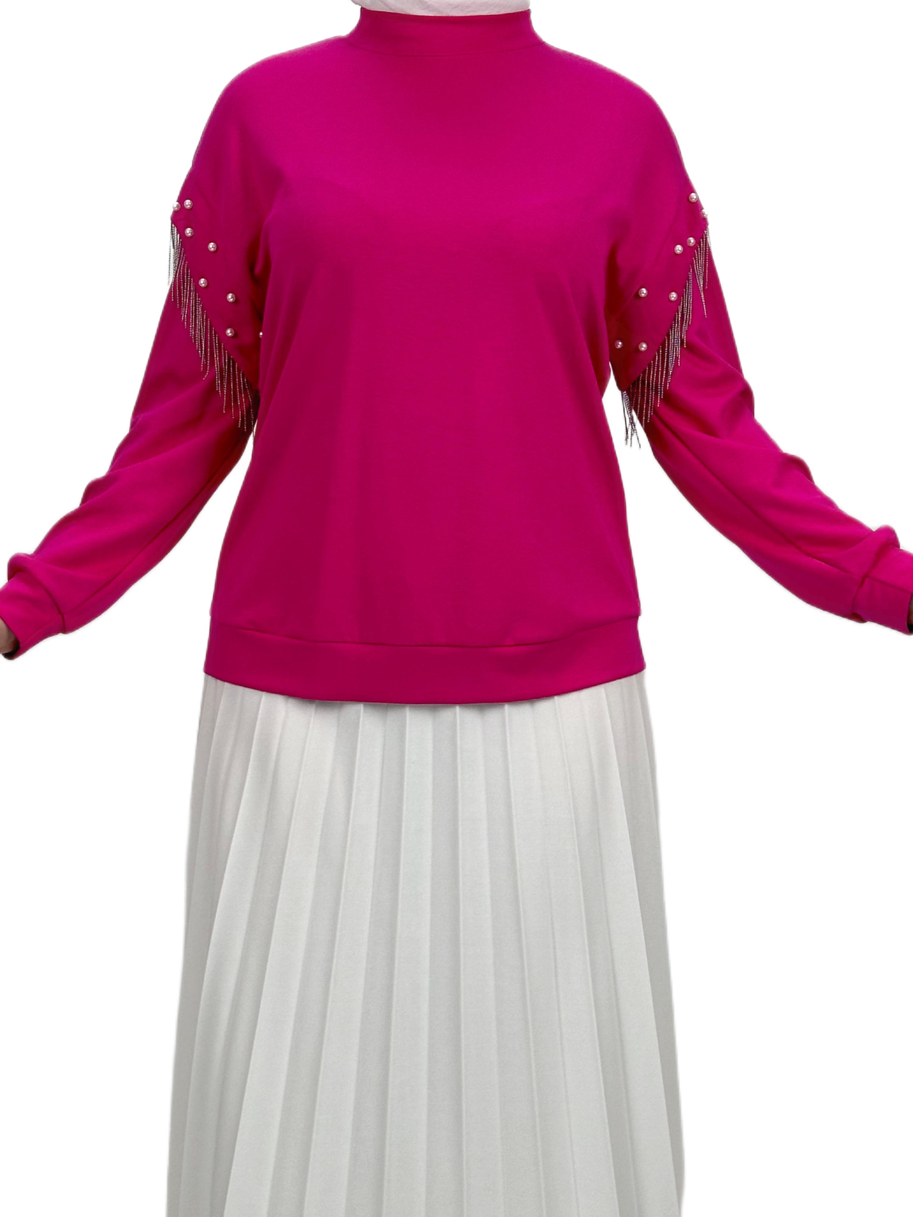 Orhan Store Kolları Boncuklu Bluz Fuşya OTW1248