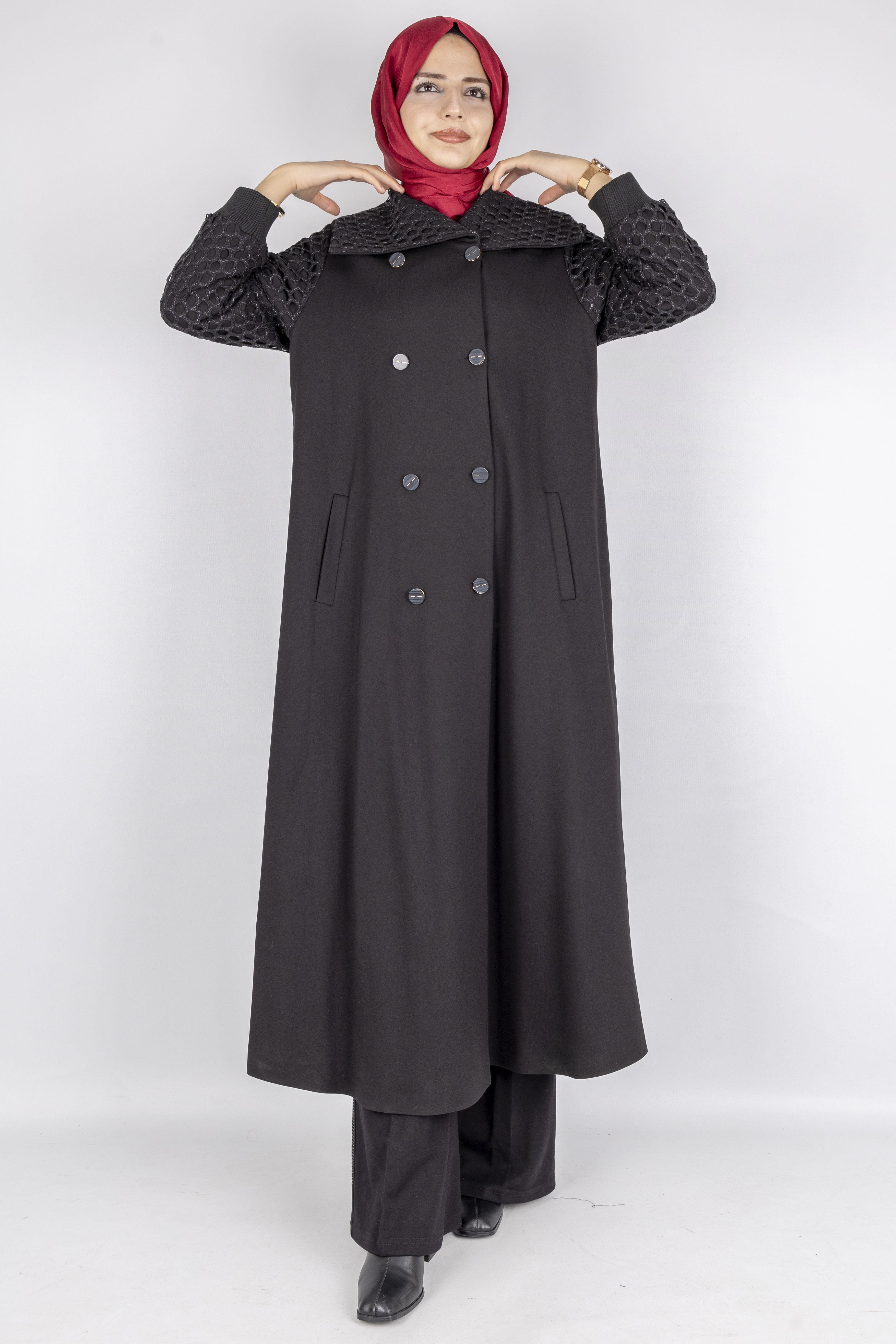 Orhan Store Kolları File Detaylı Tesettür Kap Siyah OTW1592