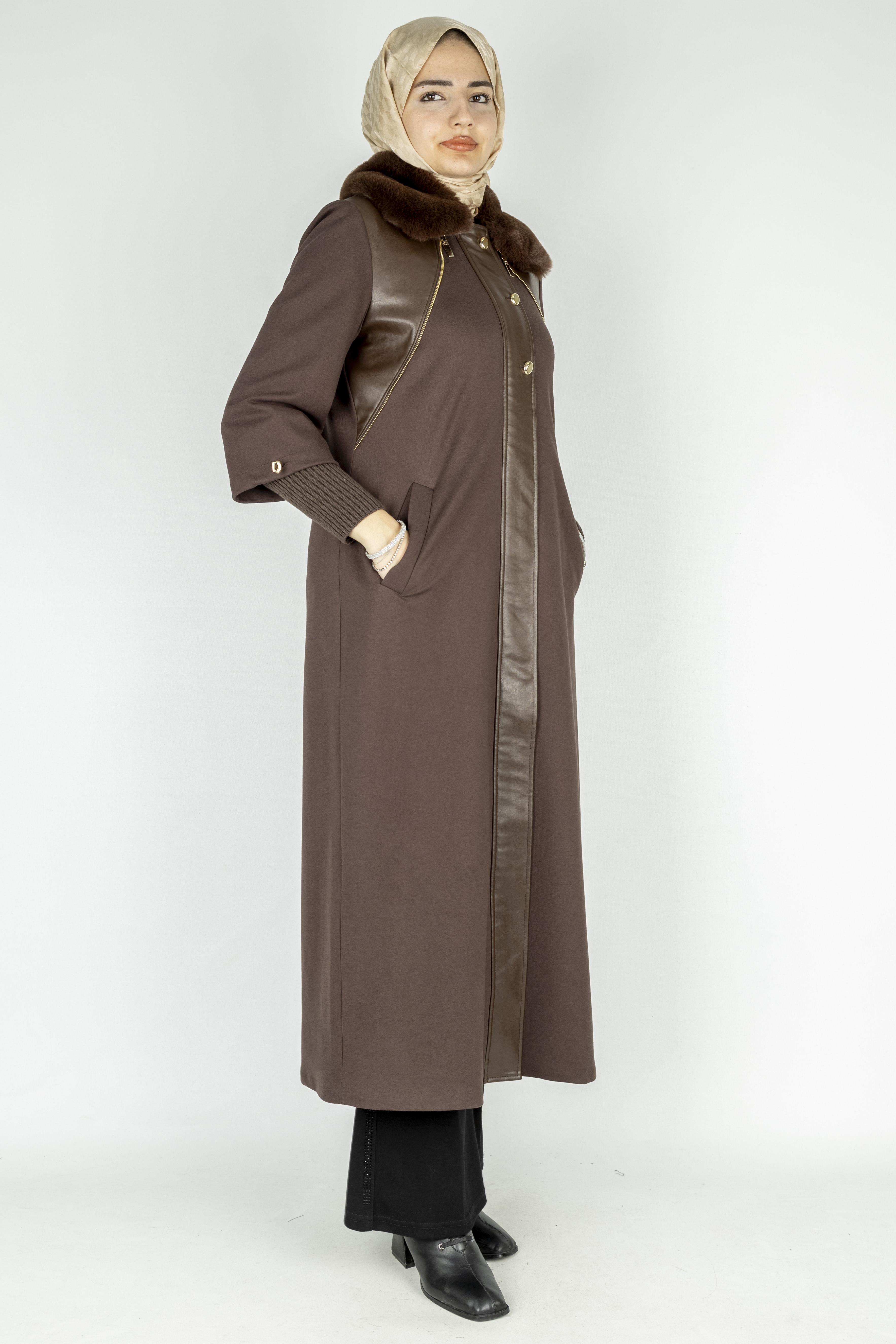 Orhan Store Kürk Yakalı Deri Detay Kap Kahve OTW1597