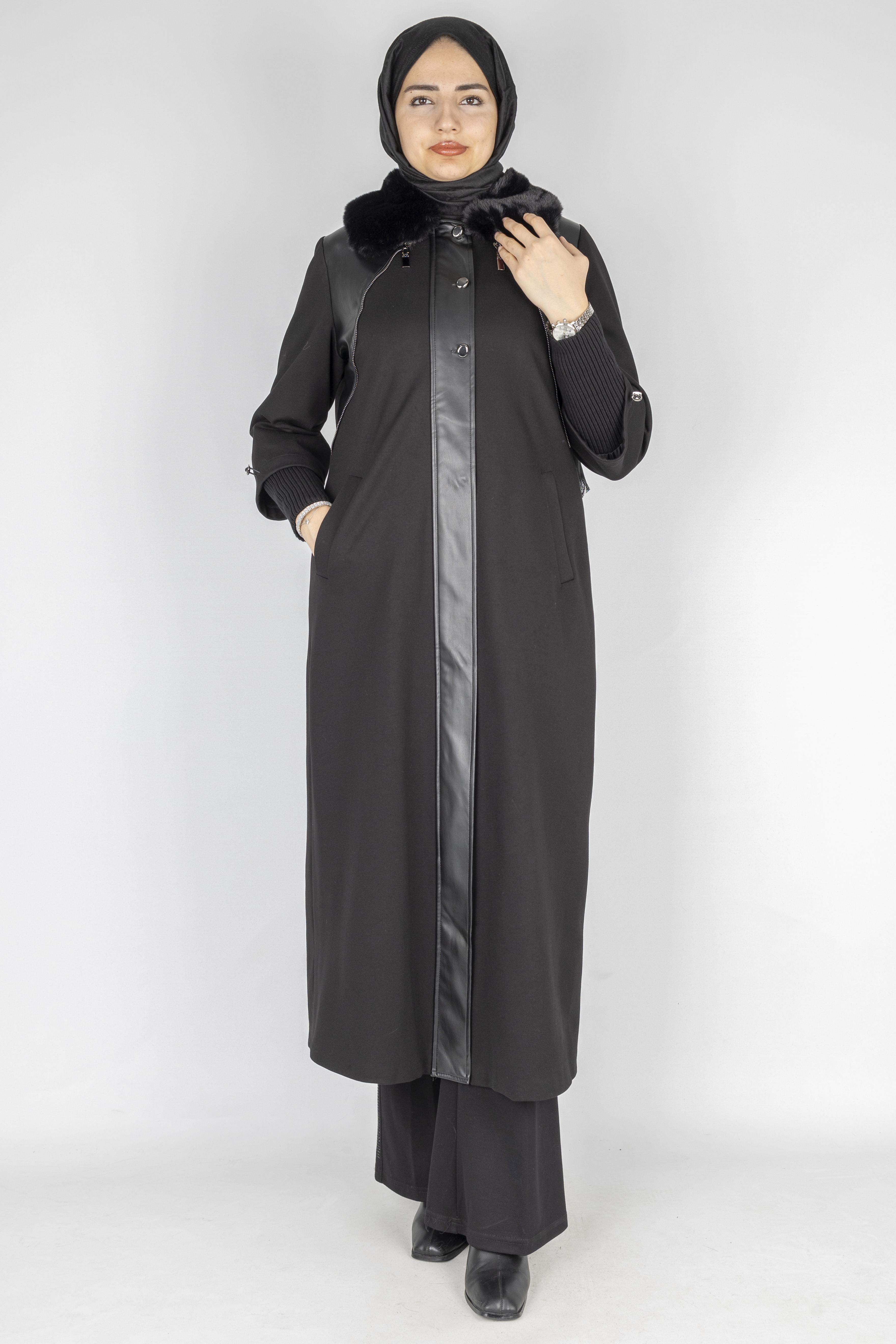 Orhan Store Kürk Yakalı Deri Detay Kap Siyah OTW1597