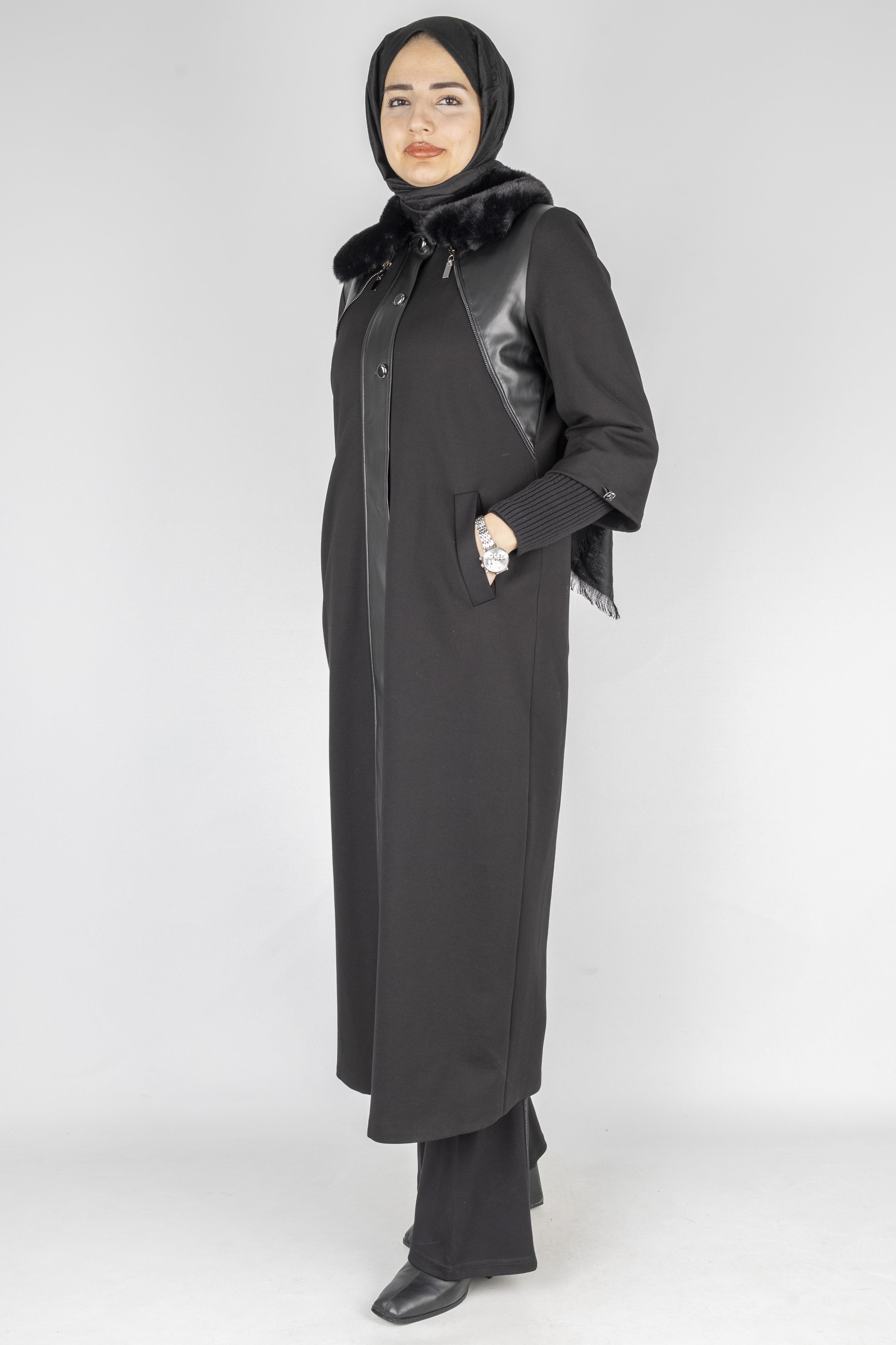 Orhan Store Kürk Yakalı Deri Detay Kap Siyah OTW1597