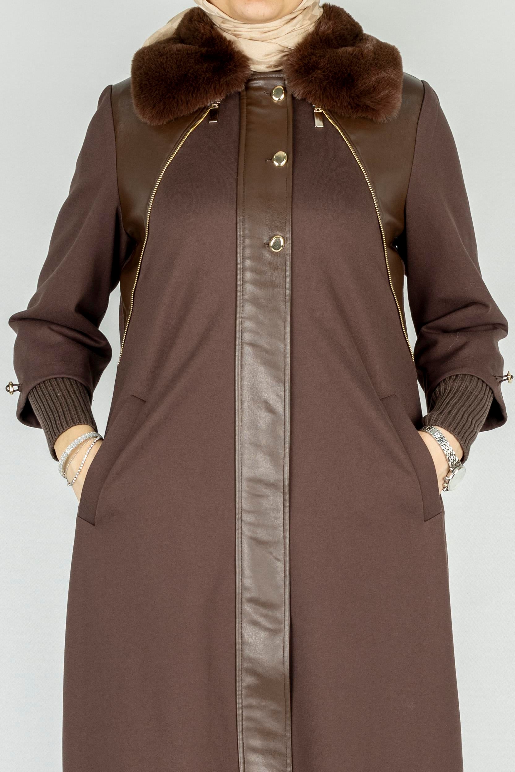 Orhan Store Kürk Yakalı Deri Detay Kap Kahve OTW1597