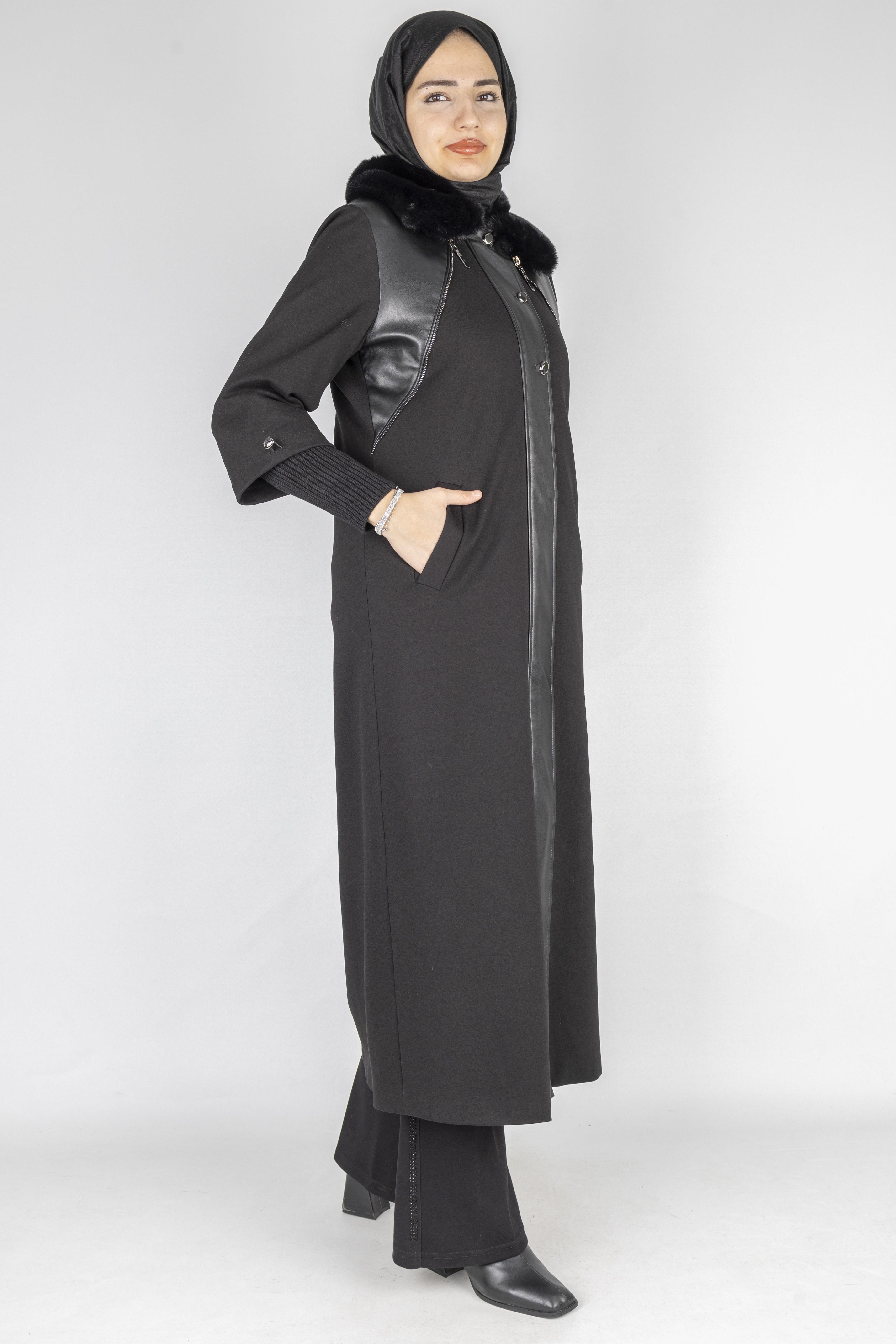 Orhan Store Kürk Yakalı Deri Detay Kap Siyah OTW1597