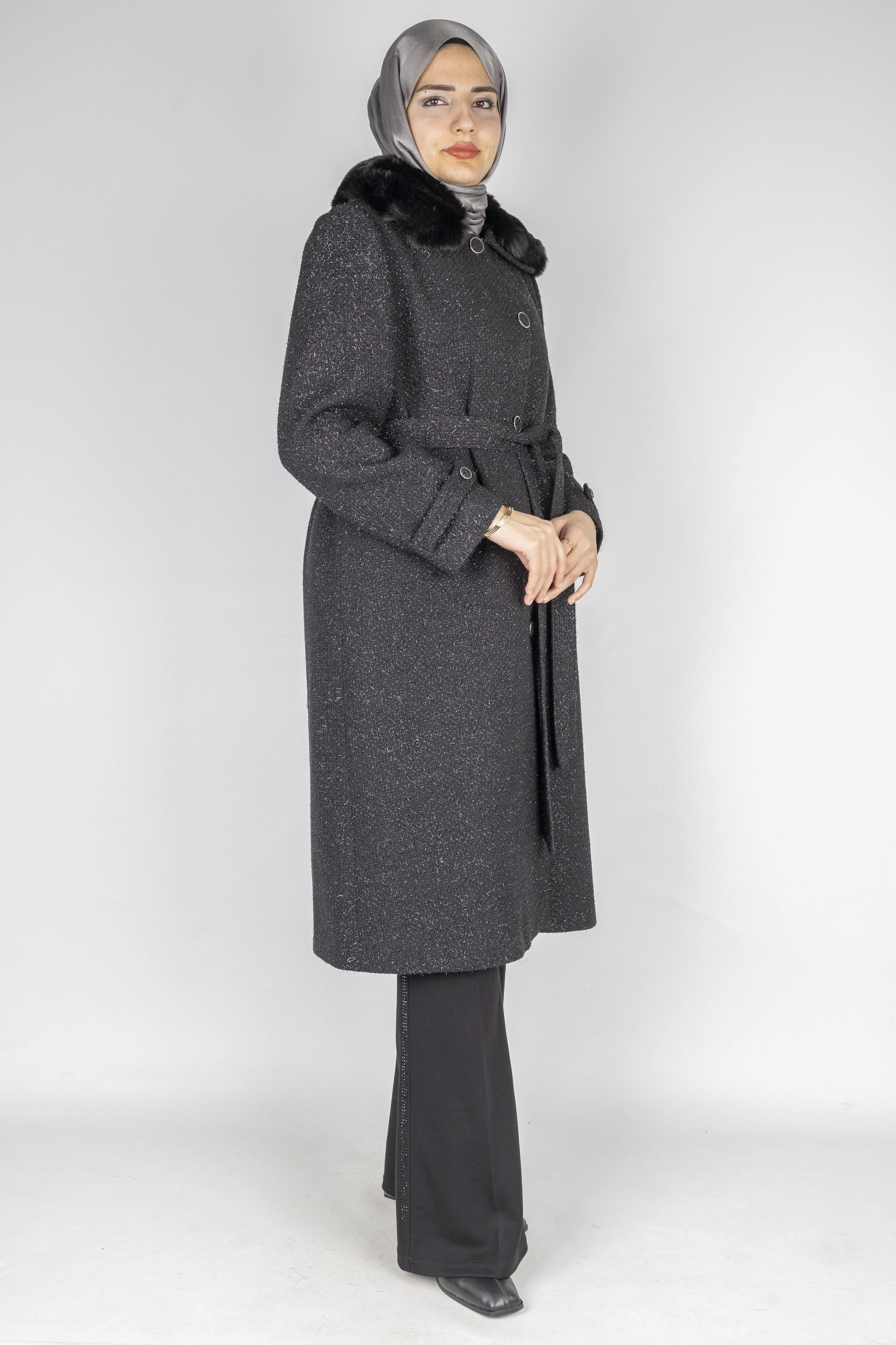 Orhan Store Kürk Yakalı Kuşaklı Kaban Siyah OTW1158