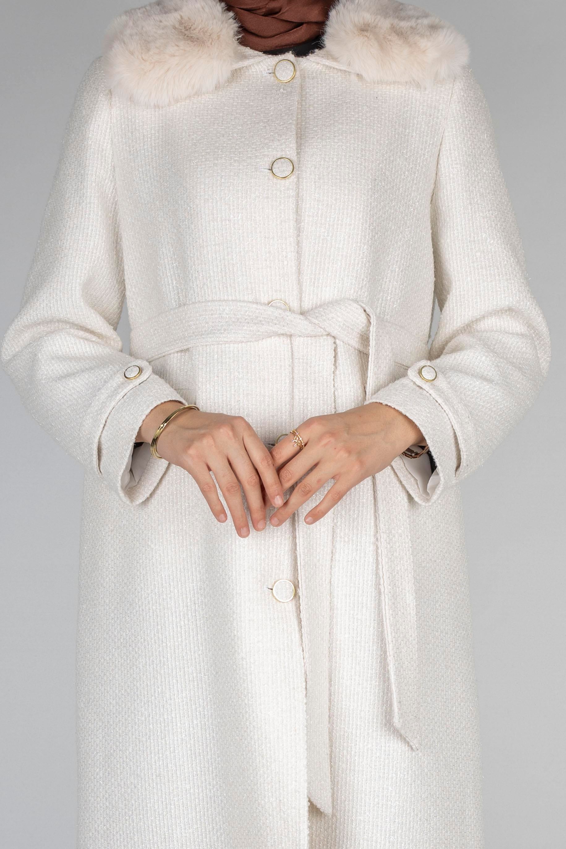 Orhan Store Kürk Yakalı Kuşaklı Kaban Ekru OTW1158