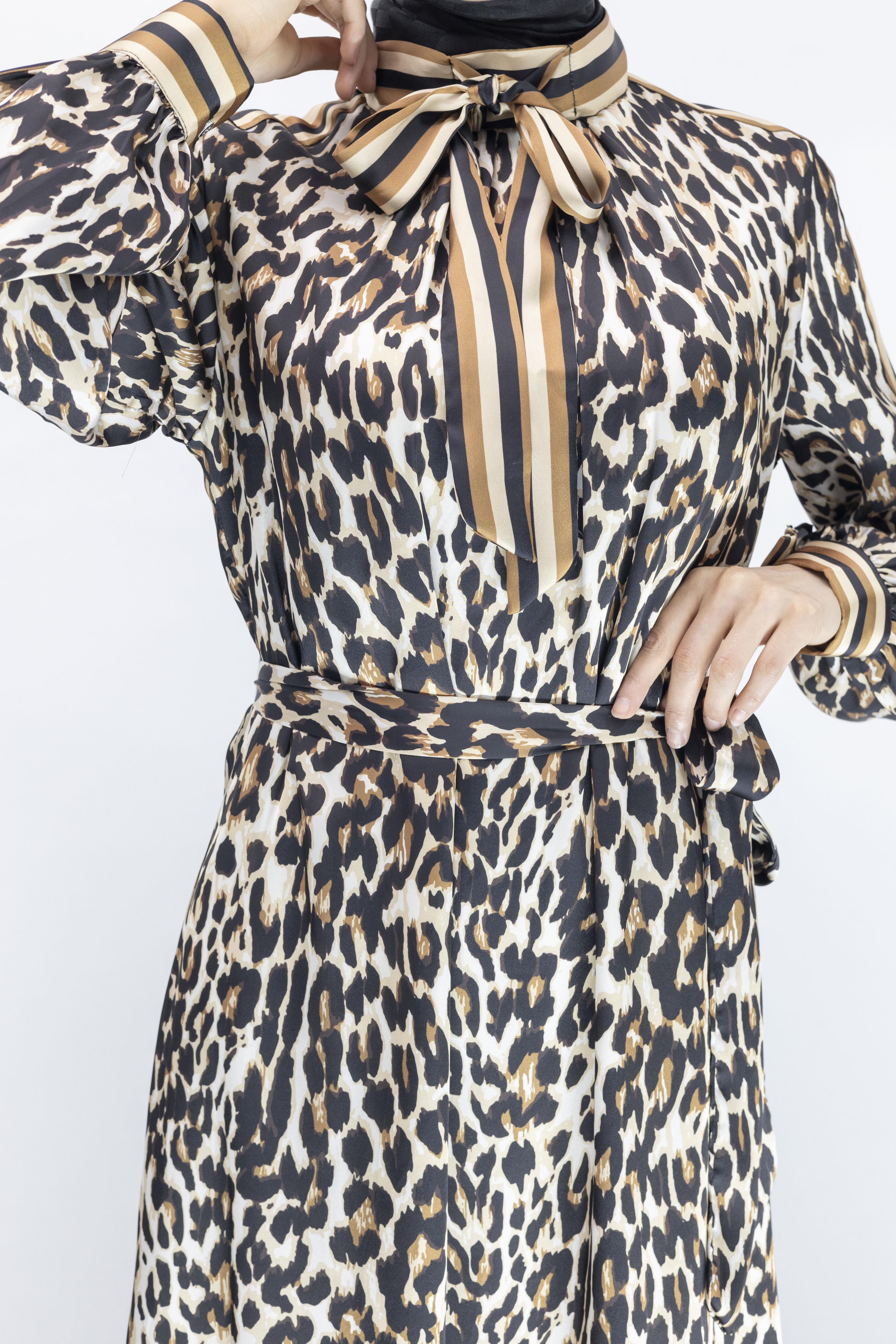 Orhan Store Leopar Desenli Elbise Kahve OTW1543
