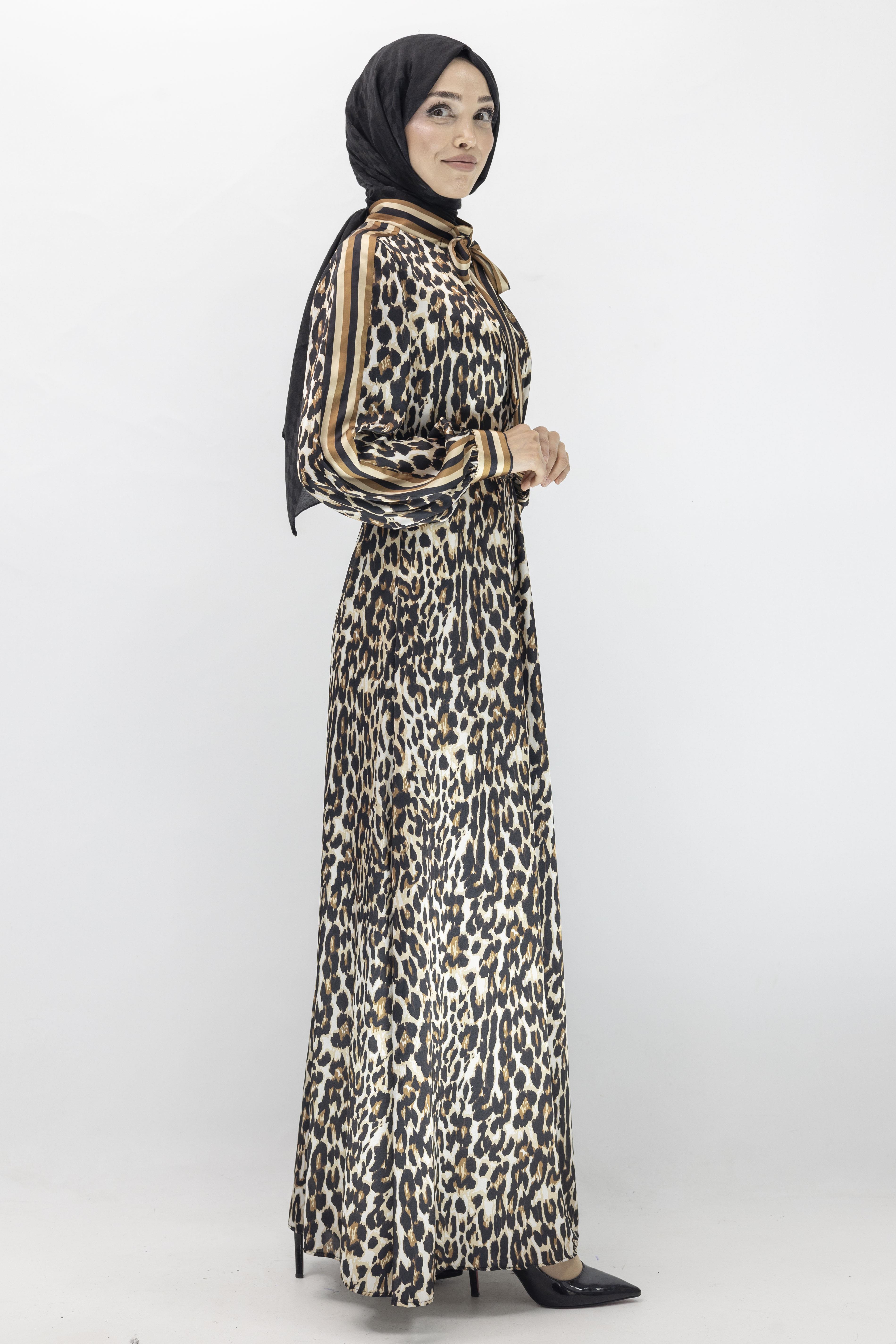Orhan Store Leopar Desenli Elbise Kahve OTW1543