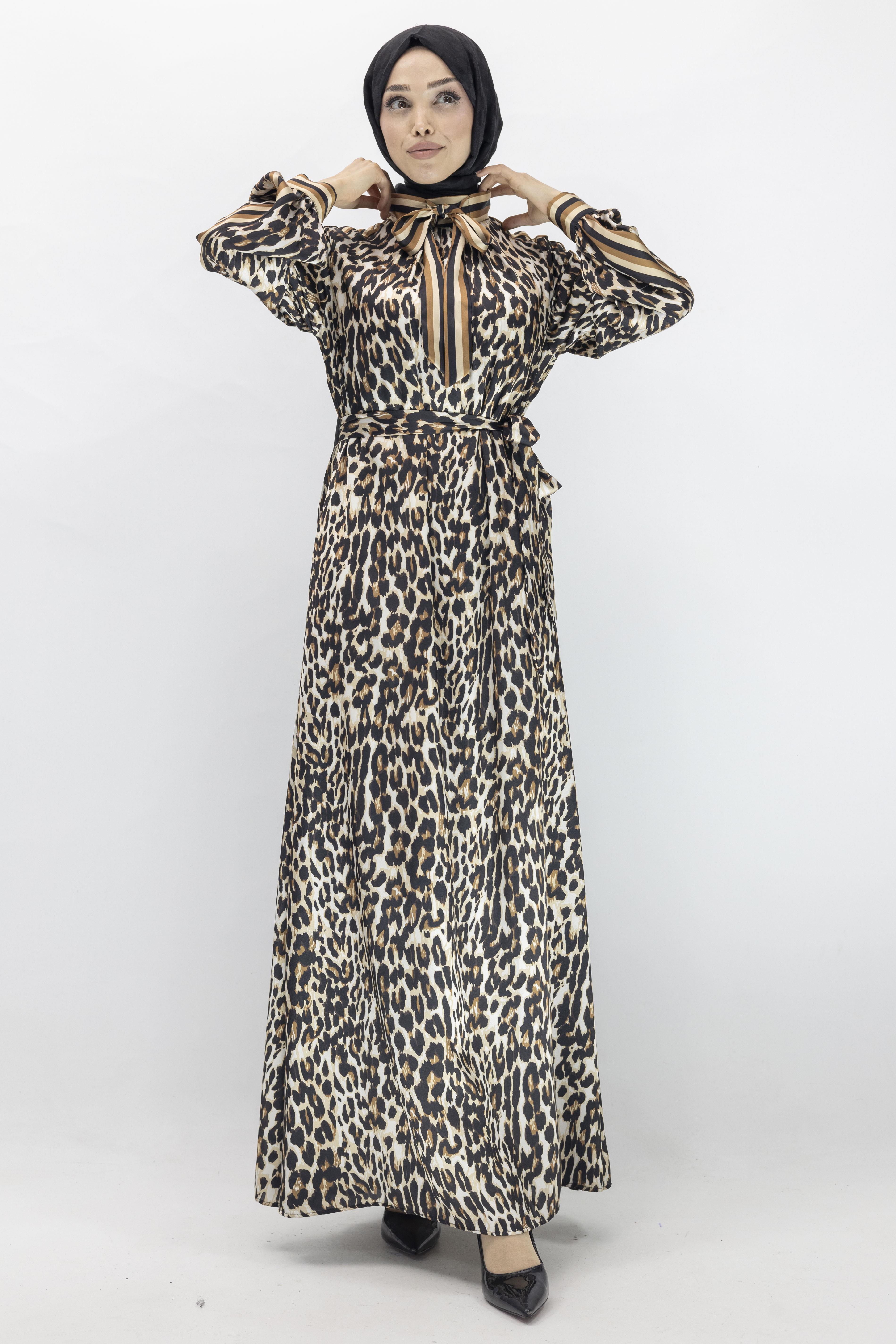 Orhan Store Leopar Desenli Elbise Kahve OTW1543