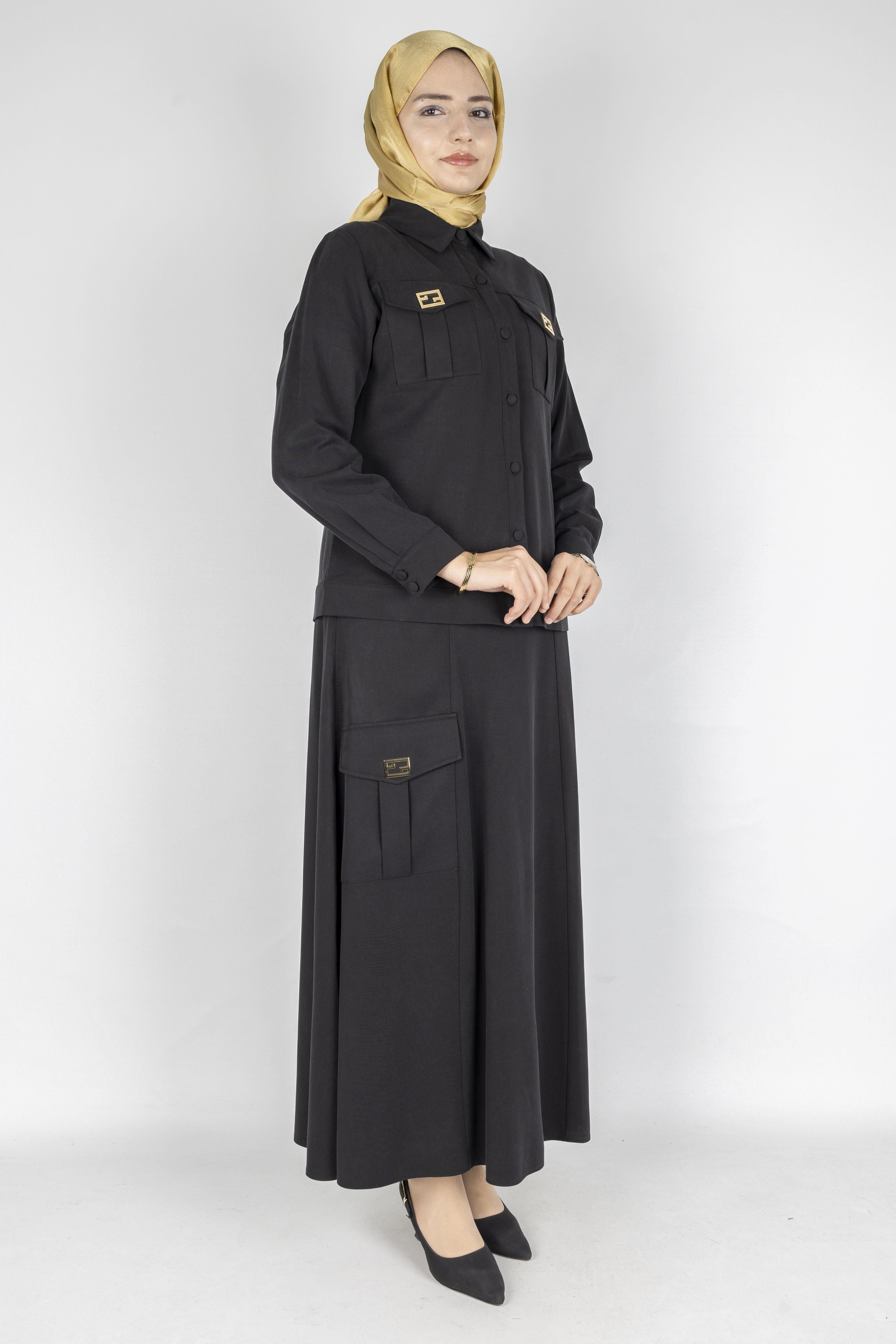 Orhan Store Minimal Düğmeli Tesettür Etekli Takım Siyah OTW2721