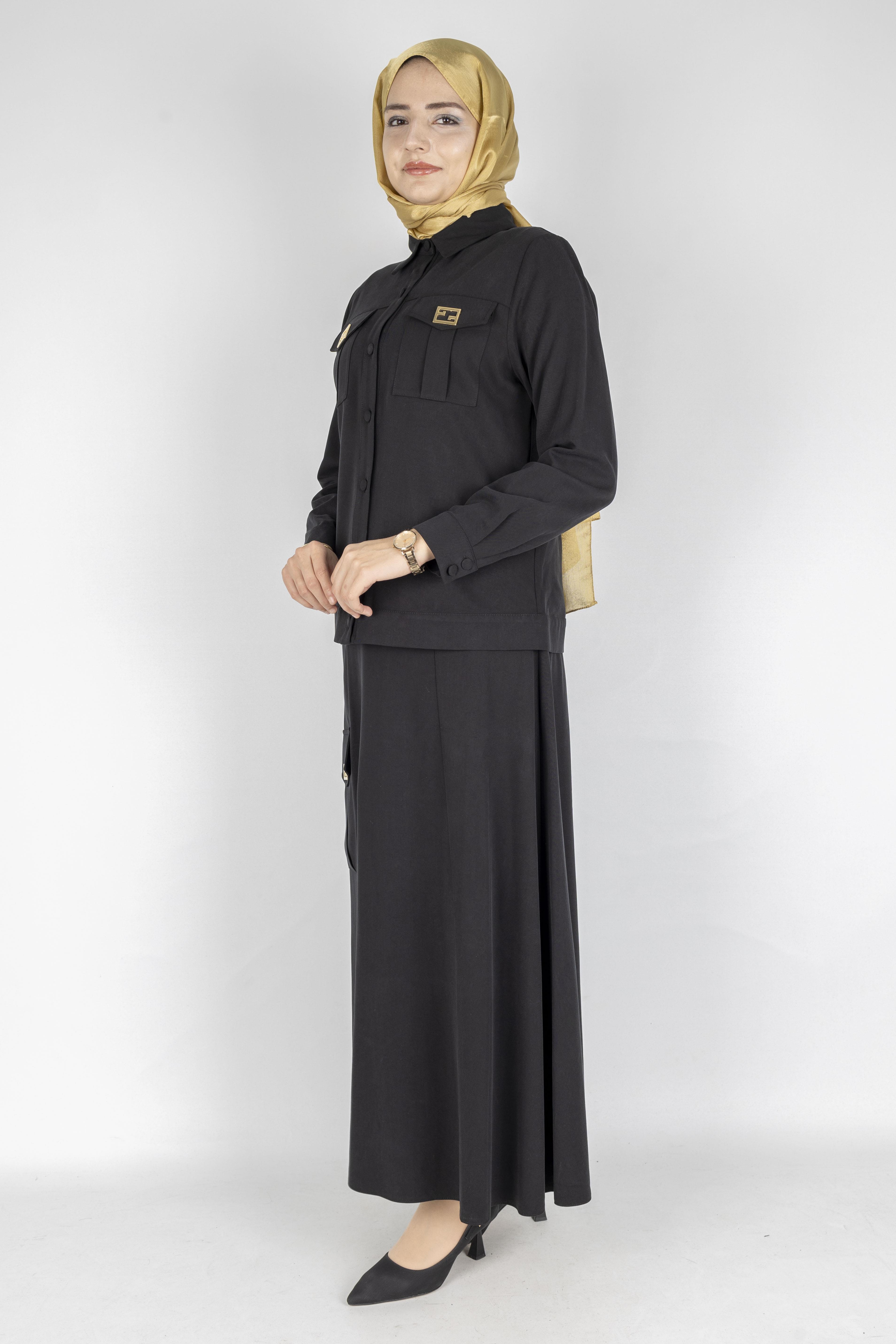 Orhan Store Minimal Düğmeli Tesettür Etekli Takım Siyah OTW2721