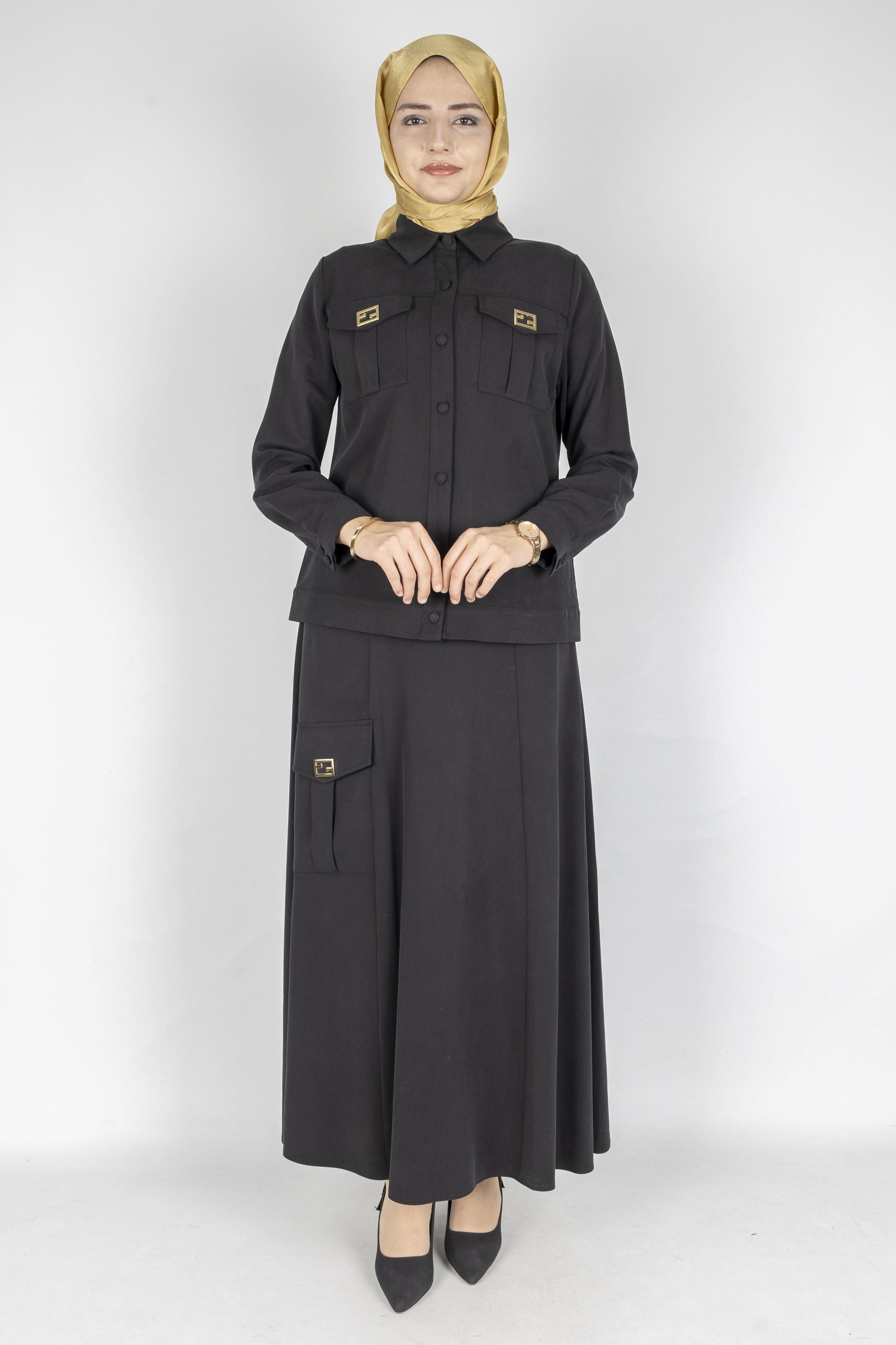 Orhan Store Minimal Düğmeli Tesettür Etekli Takım Siyah OTW2721