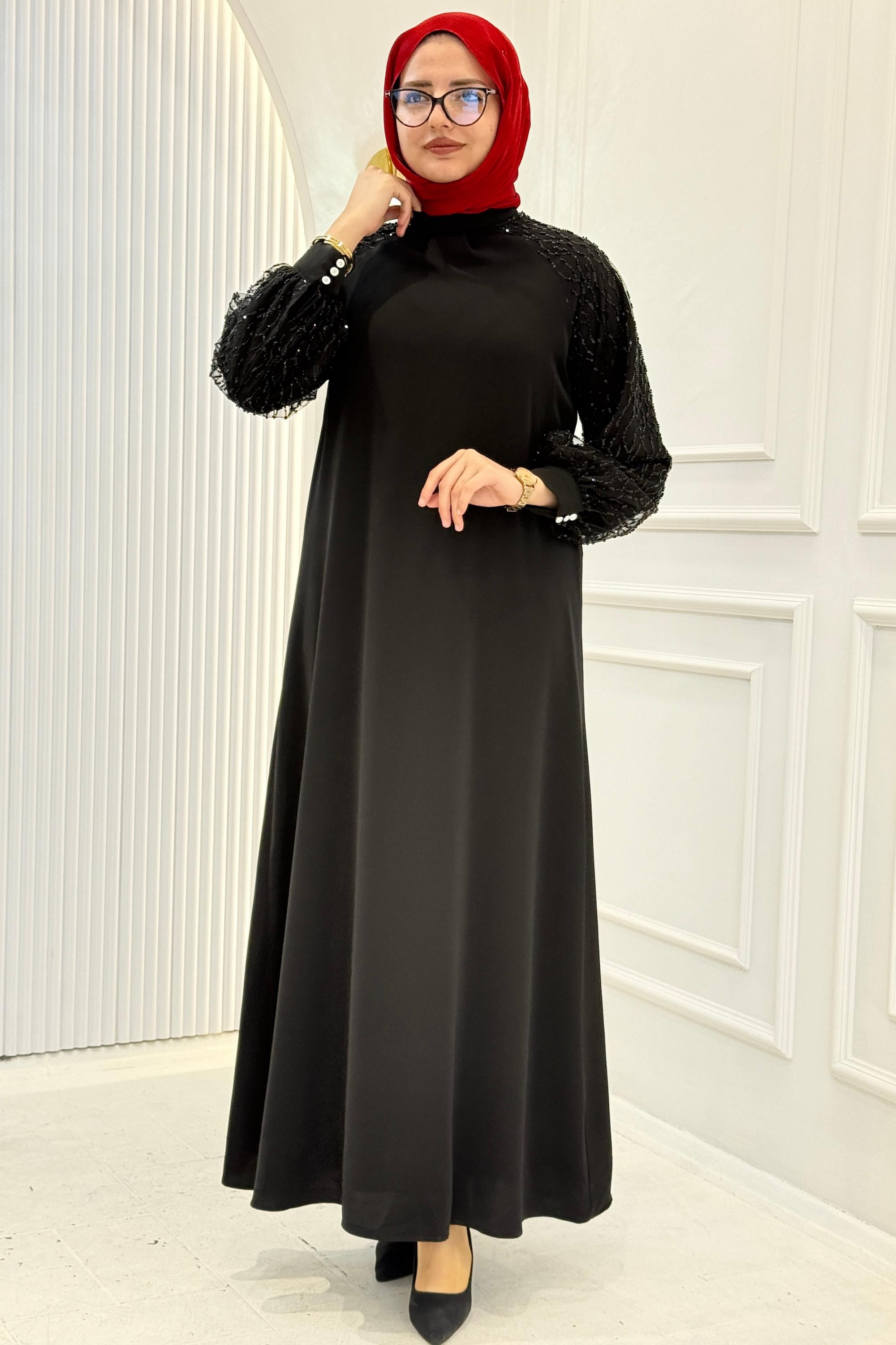 Orhan Store Payet Kol Detaylı Tesettür Elbise Siyah OTW1721