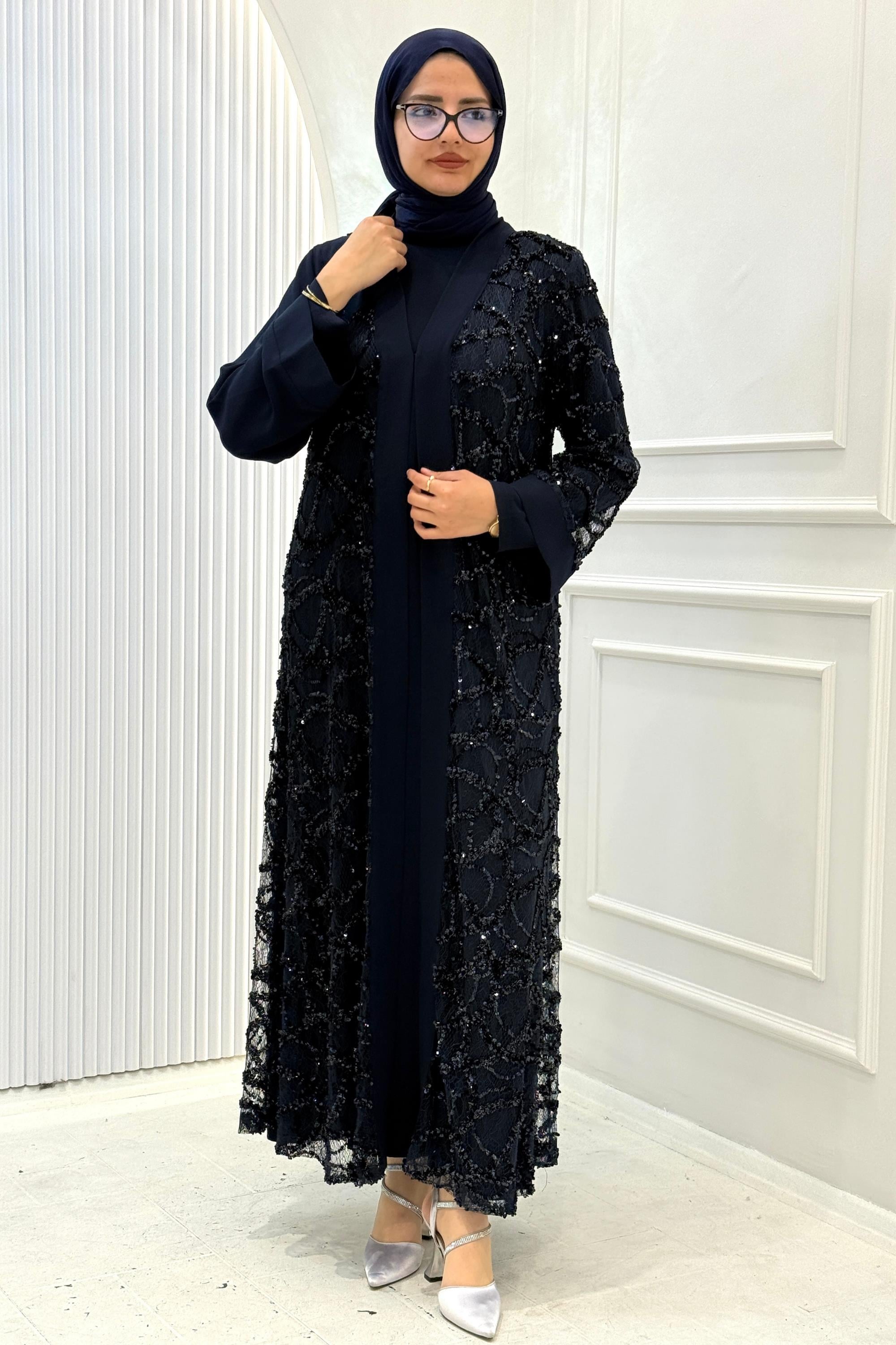 Orhan Store Payetli Dantel Detaylı Abaya Takım Lacivert OTW2891