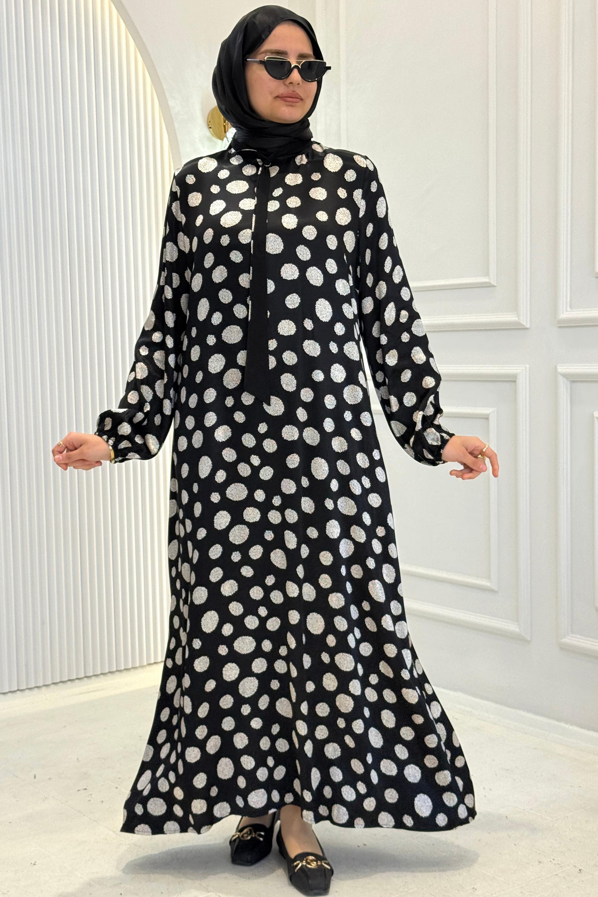 Orhan Store Puantiye Desenli Fular Yaka Uzun Elbise Siyah OTW1826