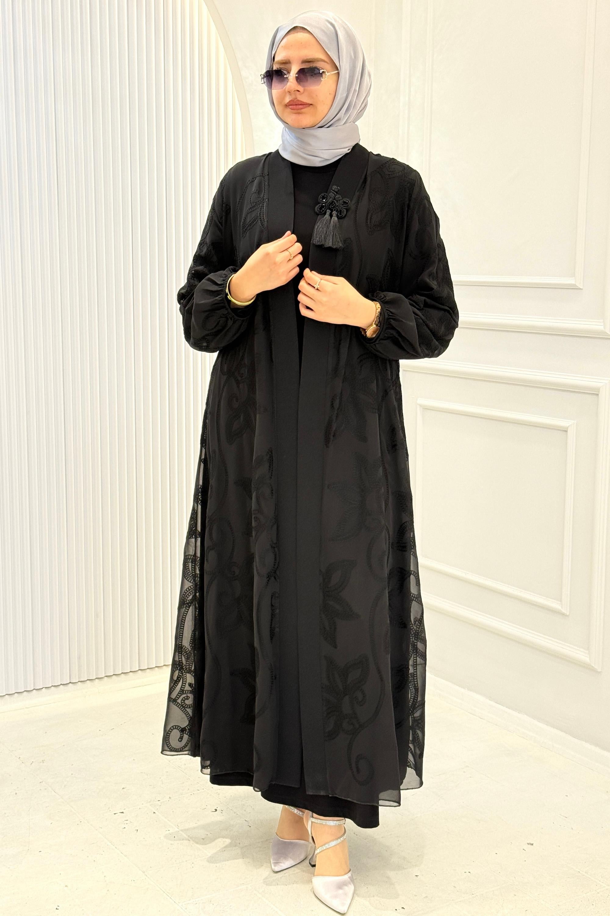 Orhan Store Püskül Aksesuarlı Şifon Abaya Siyah OTW1118