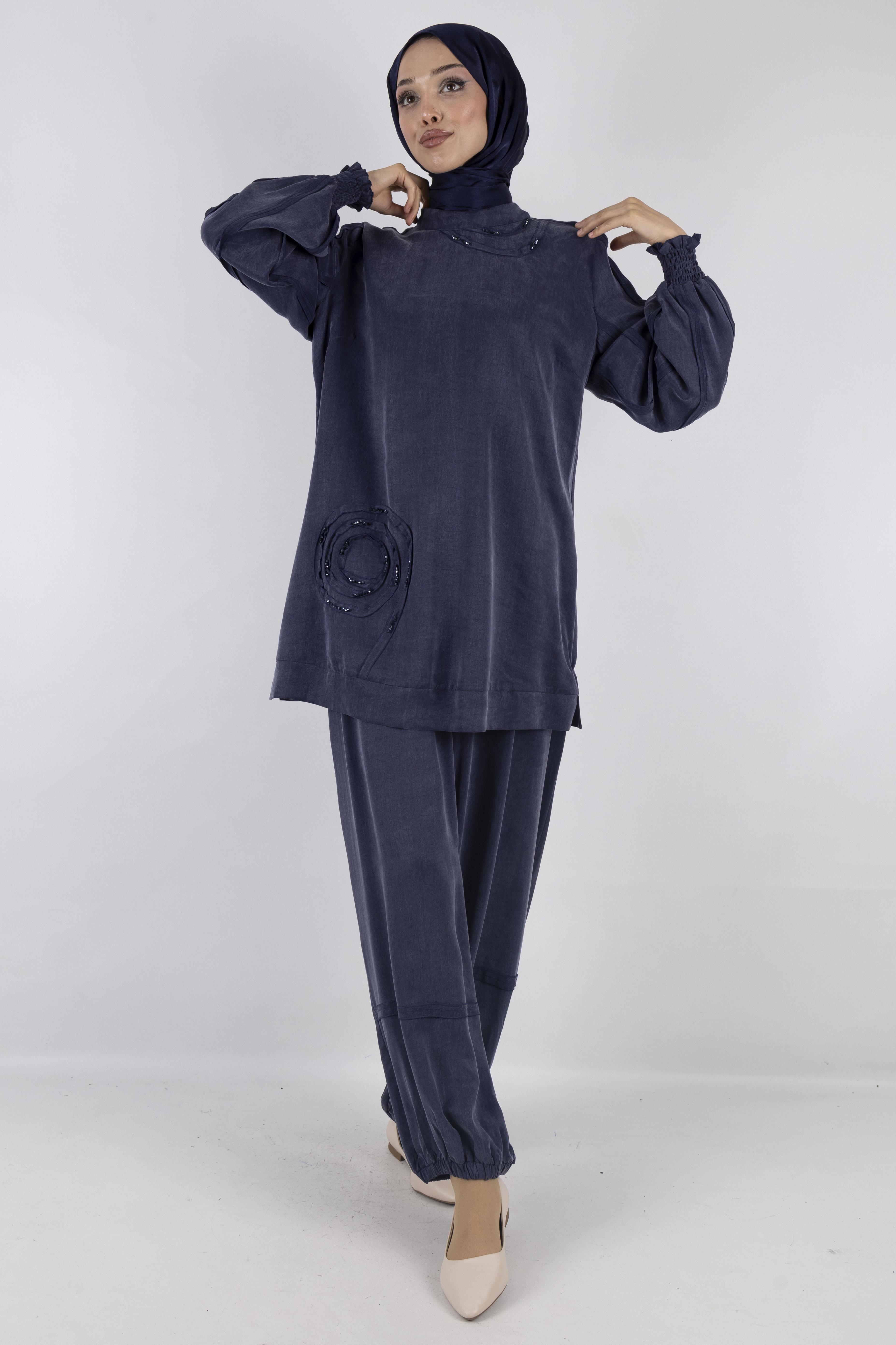 Orhan store Qupra Şalvar  Pantolonlu Takım Lacivert OTW2444