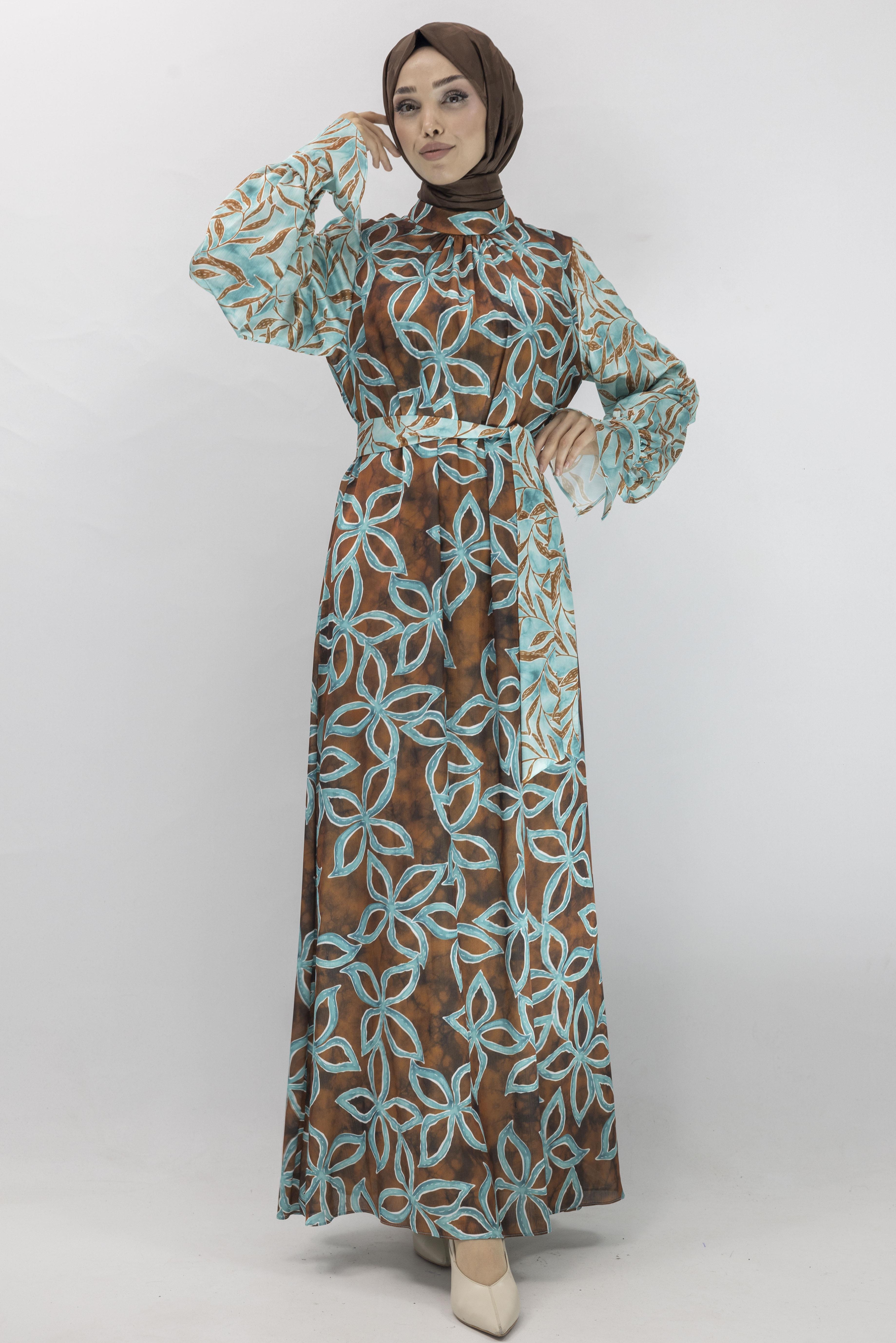 Orhan Store Saten Elbise Kahve-Yeşil OTW1708