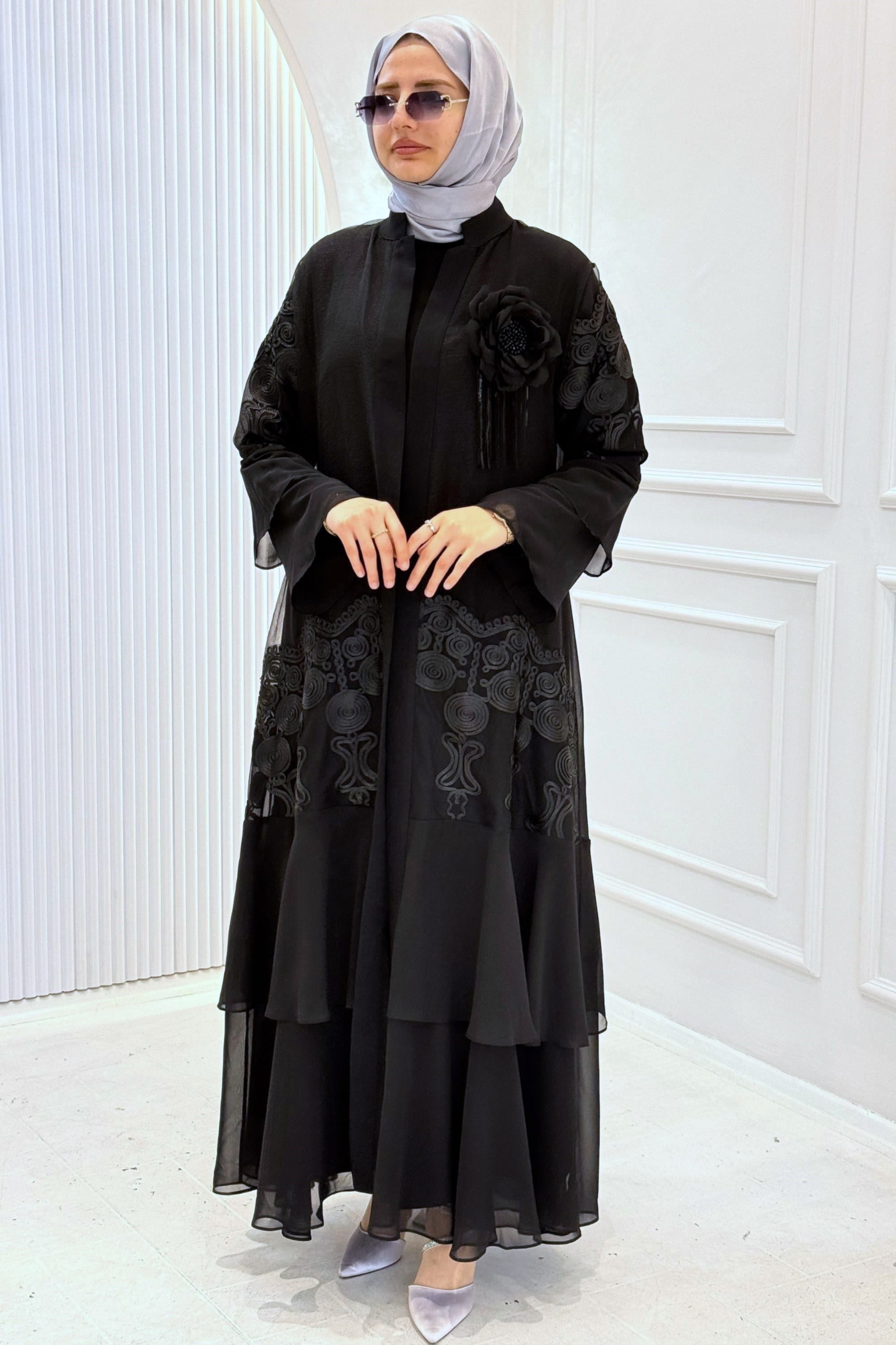 Orhan Store Siyah İşlemeli Şifon Abaya Takım Siyah OTW1990