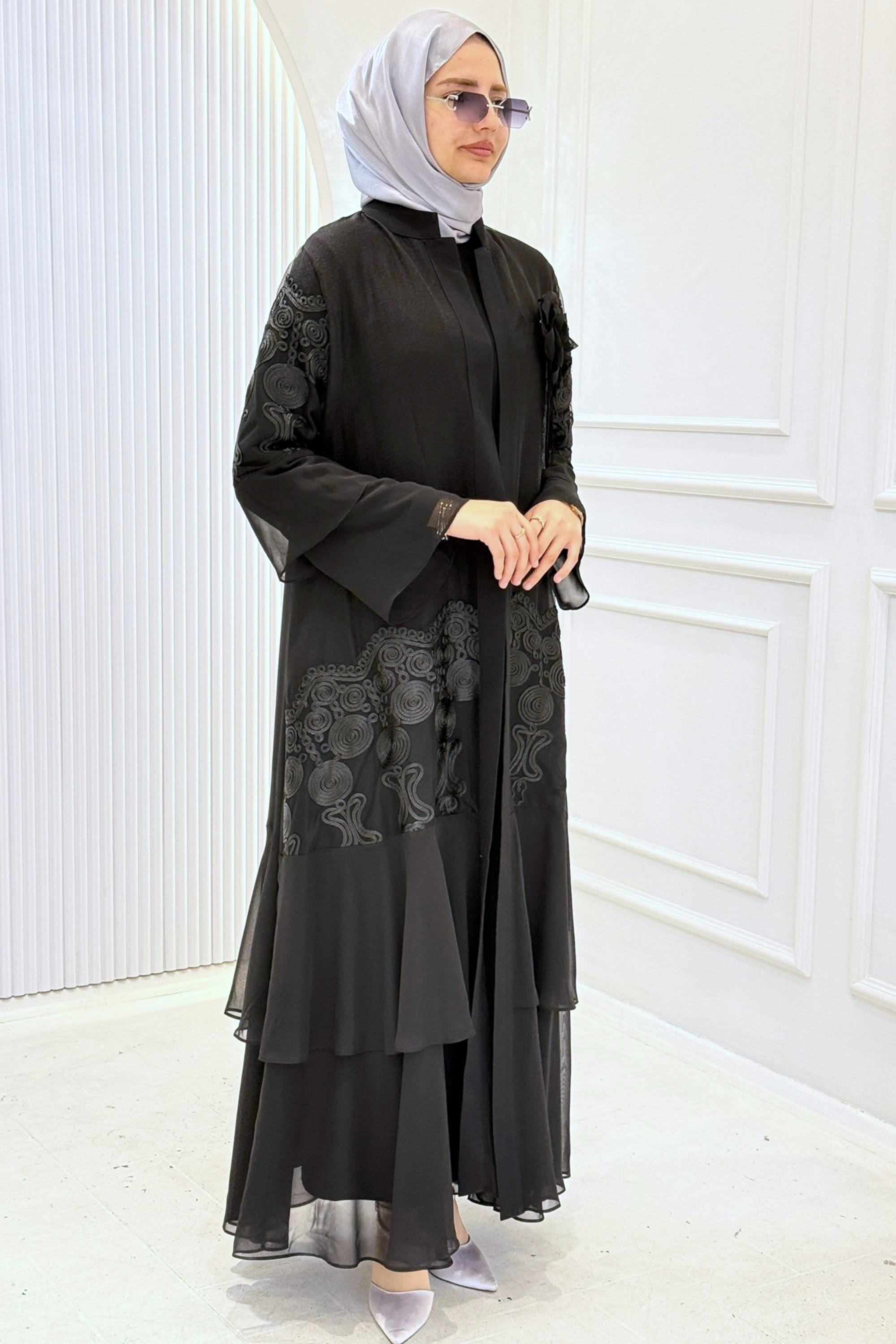 Orhan Store Siyah İşlemeli Şifon Abaya Takım Siyah OTW1990
