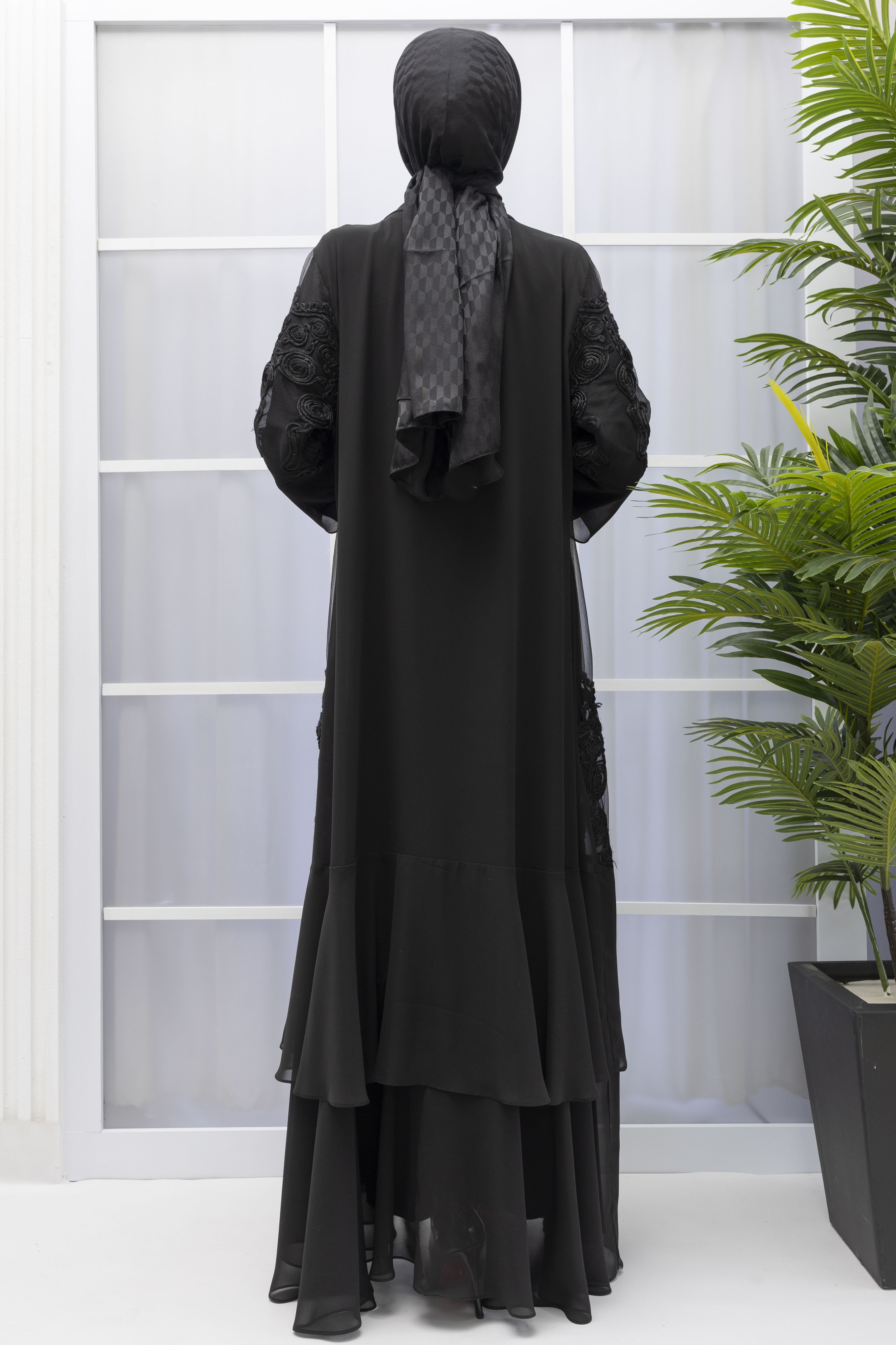 Orhan Store Siyah İşlemeli Şifon Abaya Takım Siyah OTW1990