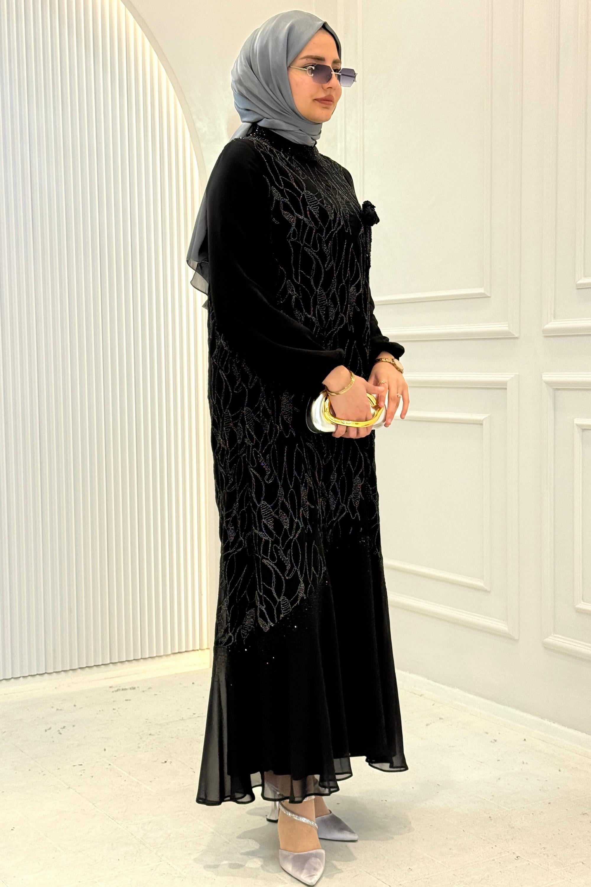 Orhan Store Siyah Nakışlı Uzun Şifon Elbise Siyah OTW1816