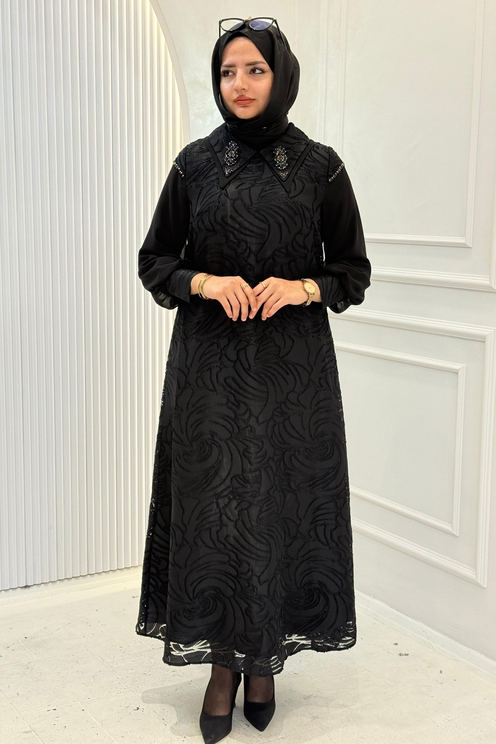Orhan Store Taş Detaylı Jakarlı Abiye Elbise Siyah OTW1902