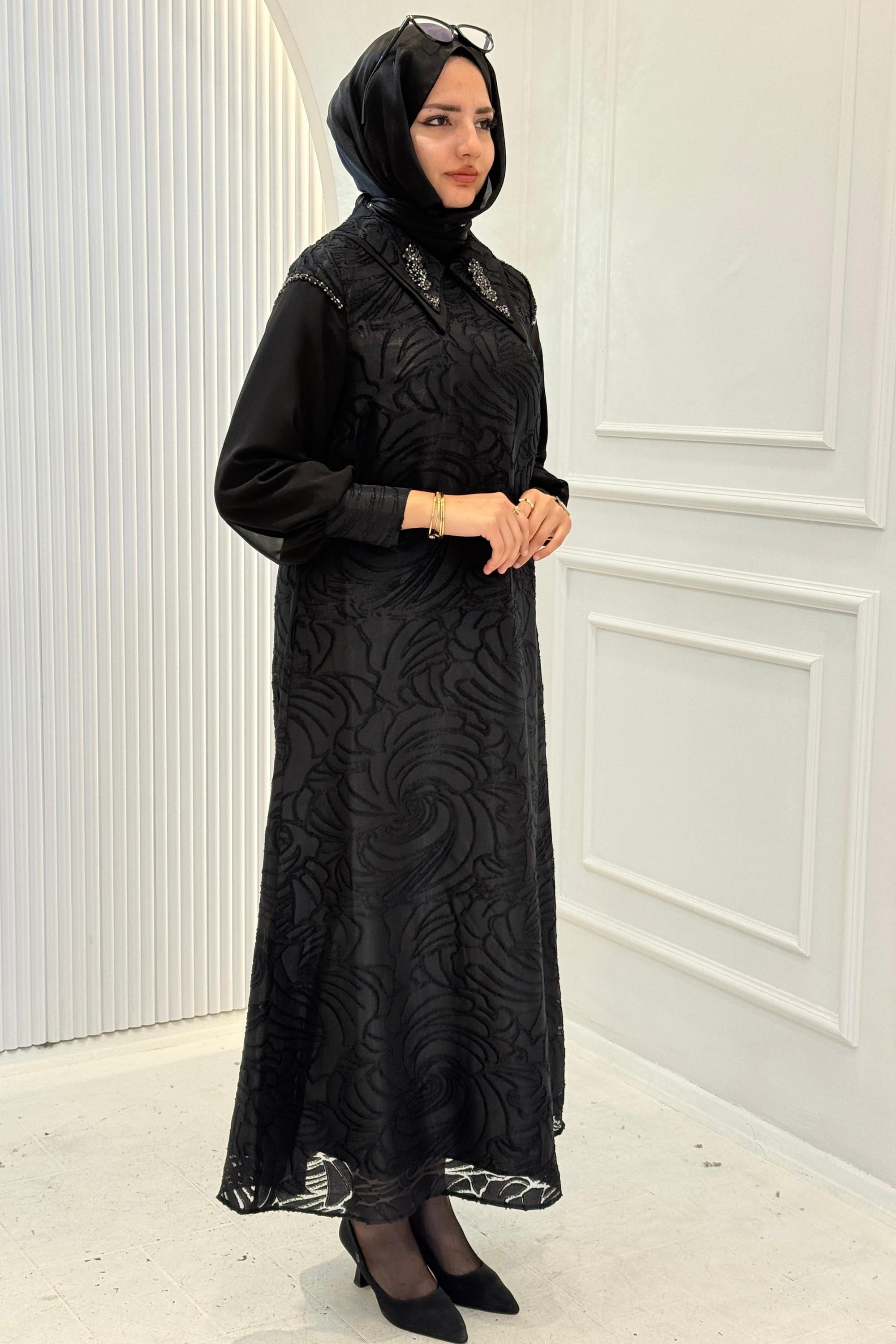 Orhan Store Taş Detaylı Jakarlı Abiye Elbise Siyah OTW1902