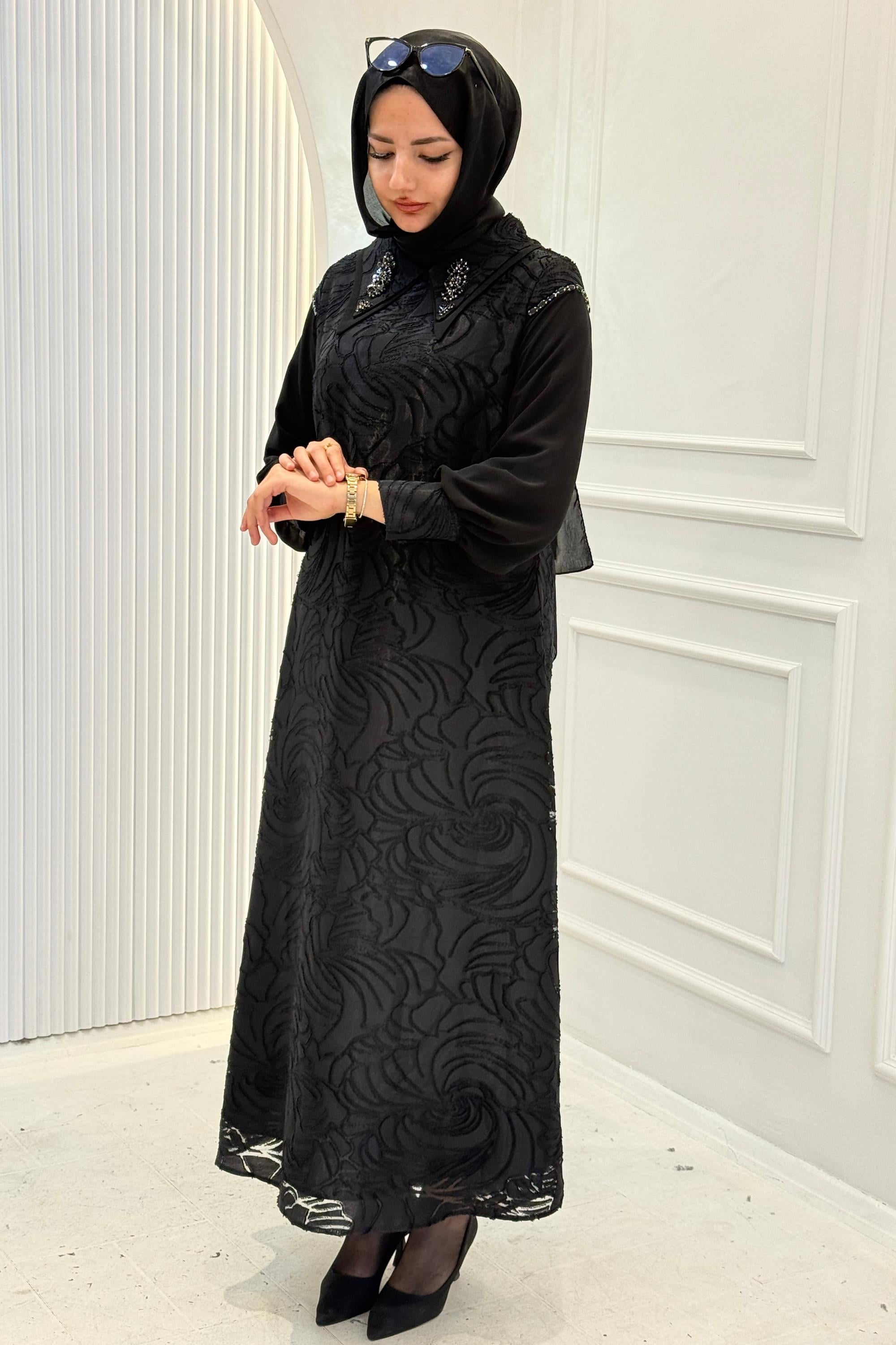 Orhan Store Taş Detaylı Jakarlı Abiye Elbise Siyah OTW1902