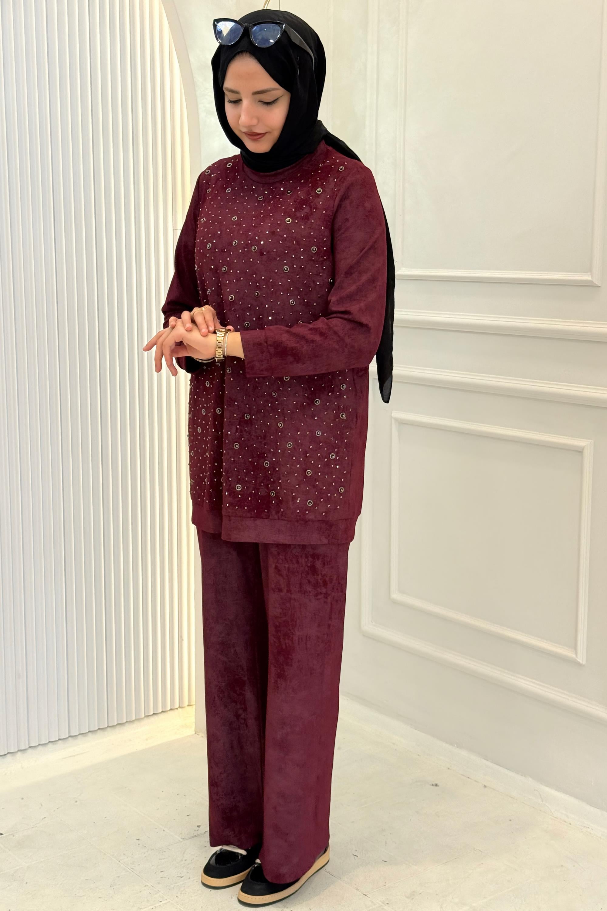 Orhan Store Taş Detaylı Tesettür Takım Bordo OTW2701