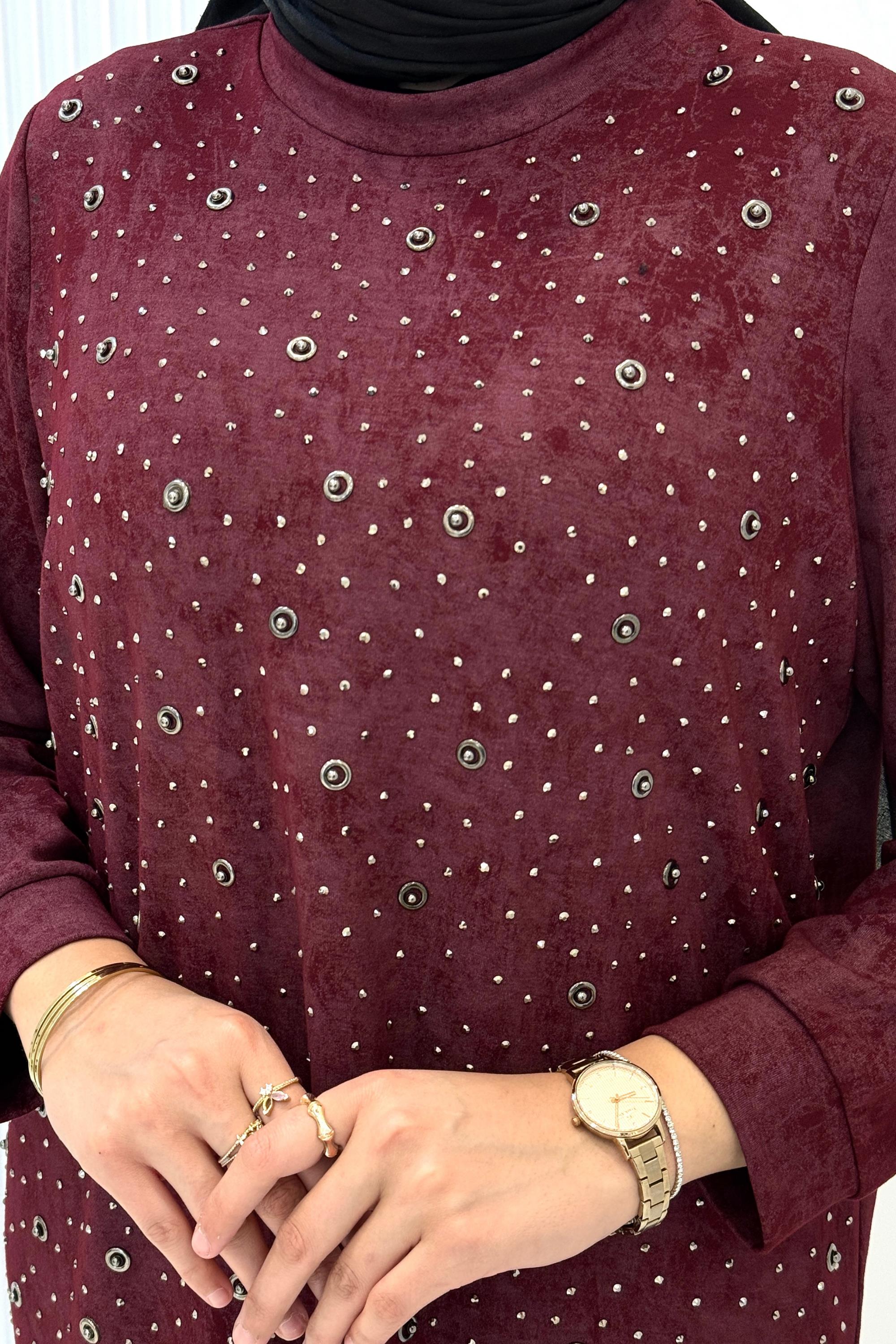 Orhan Store Taş Detaylı Tesettür Takım Bordo OTW2701