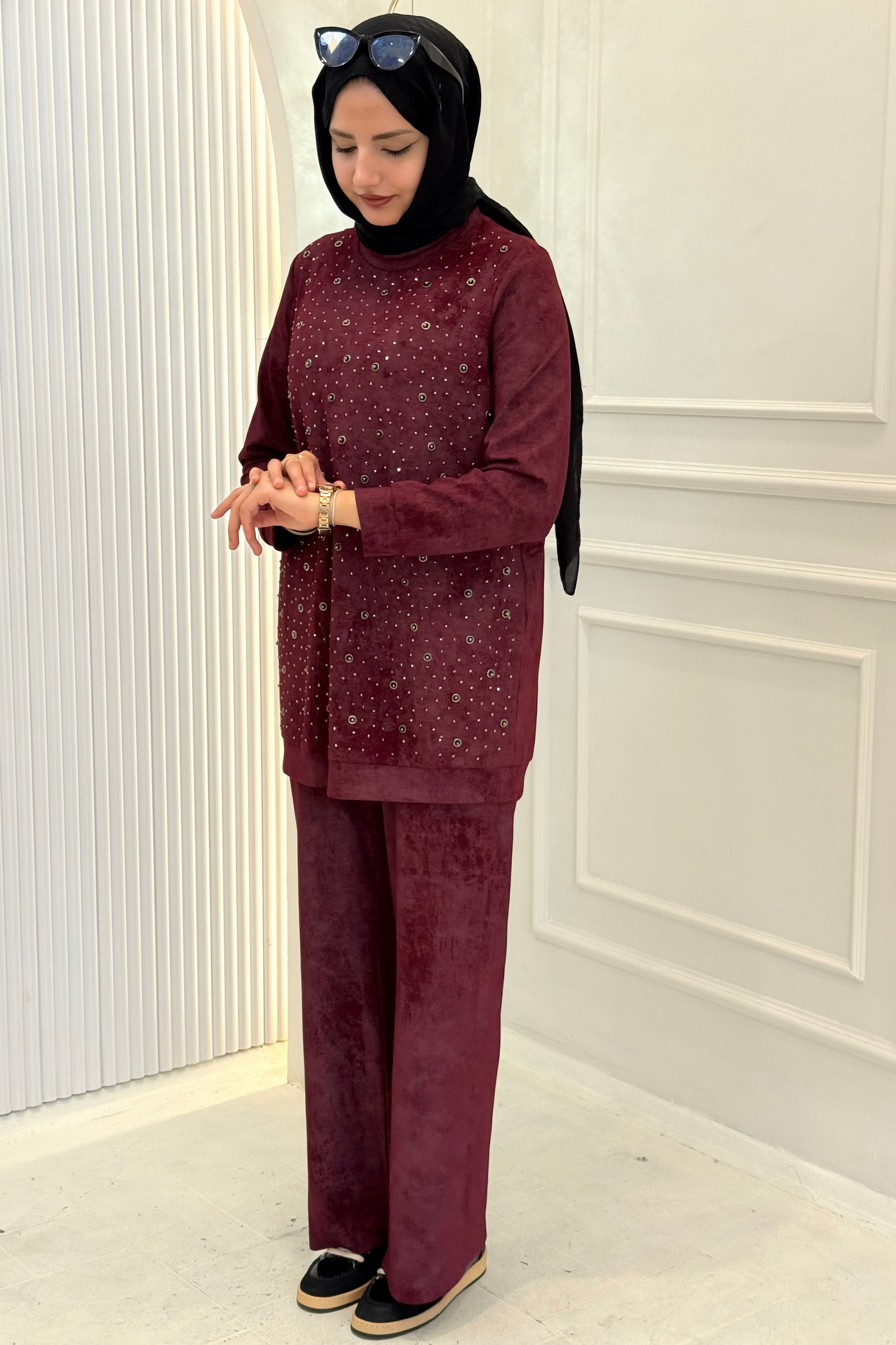 Orhan Store Taş Detaylı Tesettür Takım Bordo OTW2701