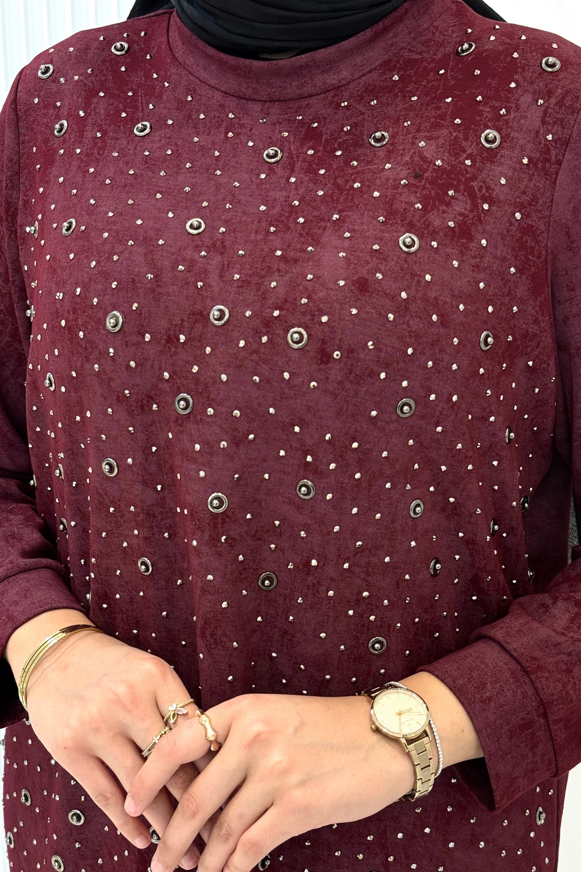 Orhan Store Taş Detaylı Tesettür Takım Bordo OTW2701