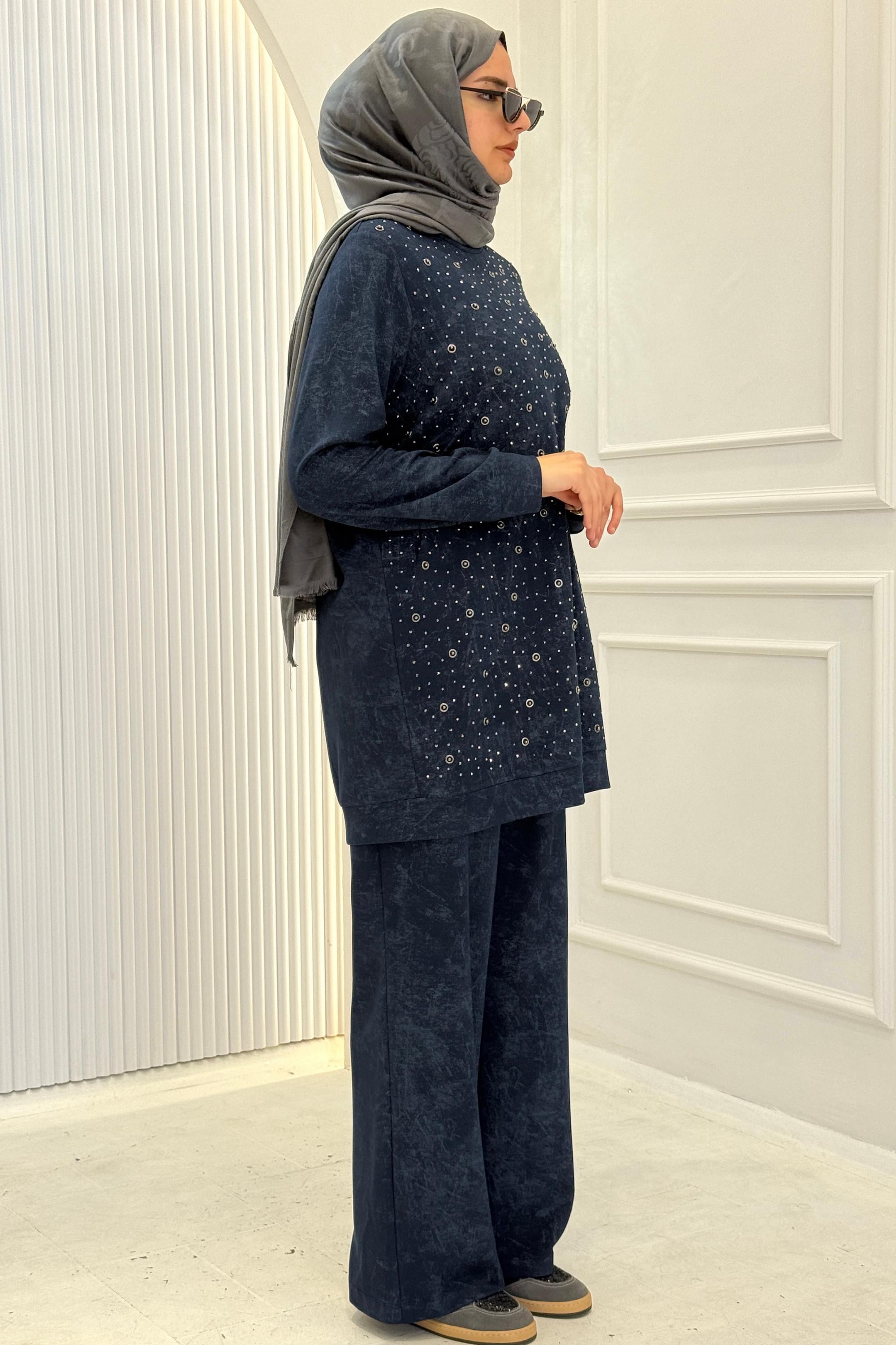 Orhan Store Taş Detaylı Tesettür Takım İndigo OTW2701