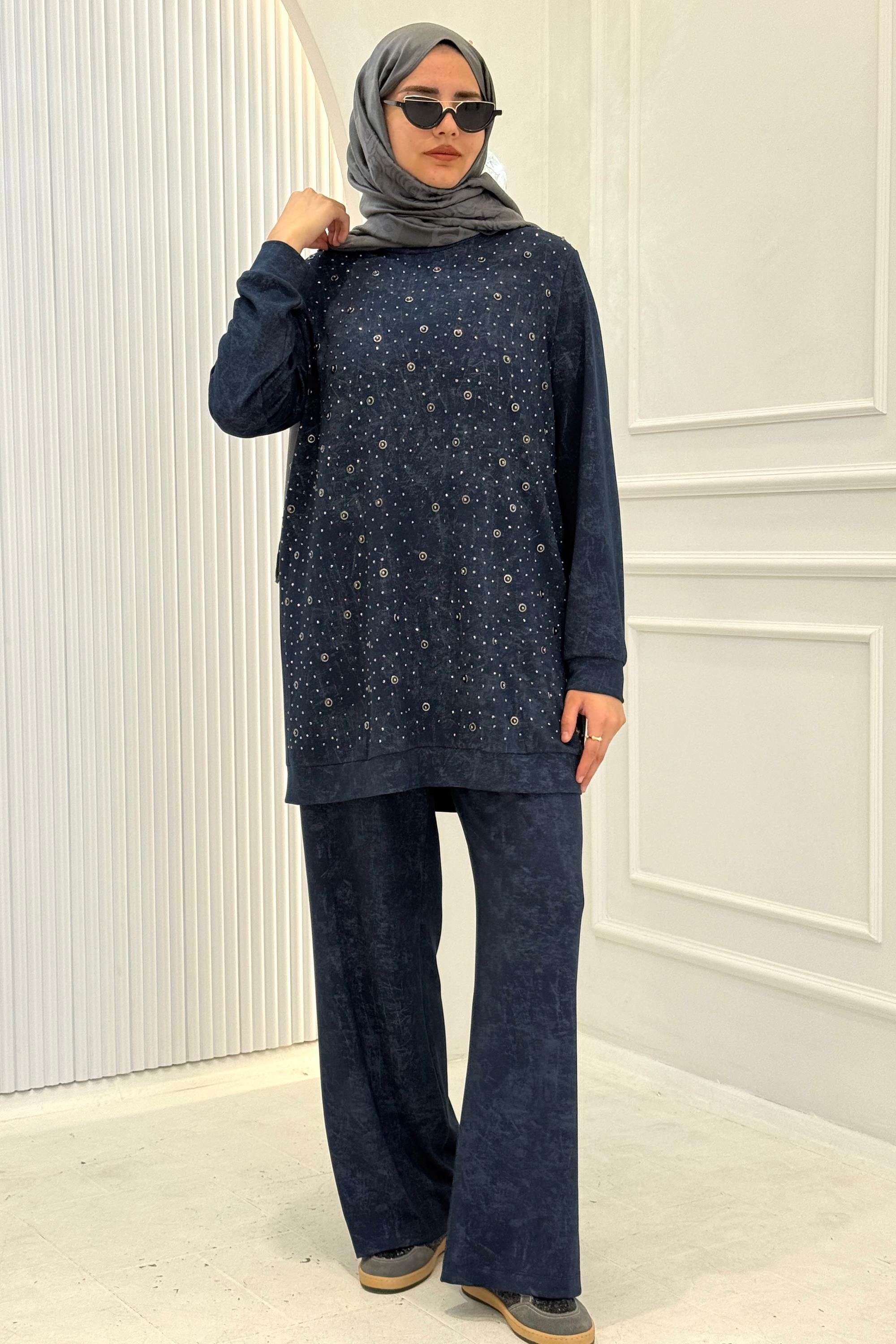 Orhan Store Taş Detaylı Tesettür Takım İndigo OTW2701