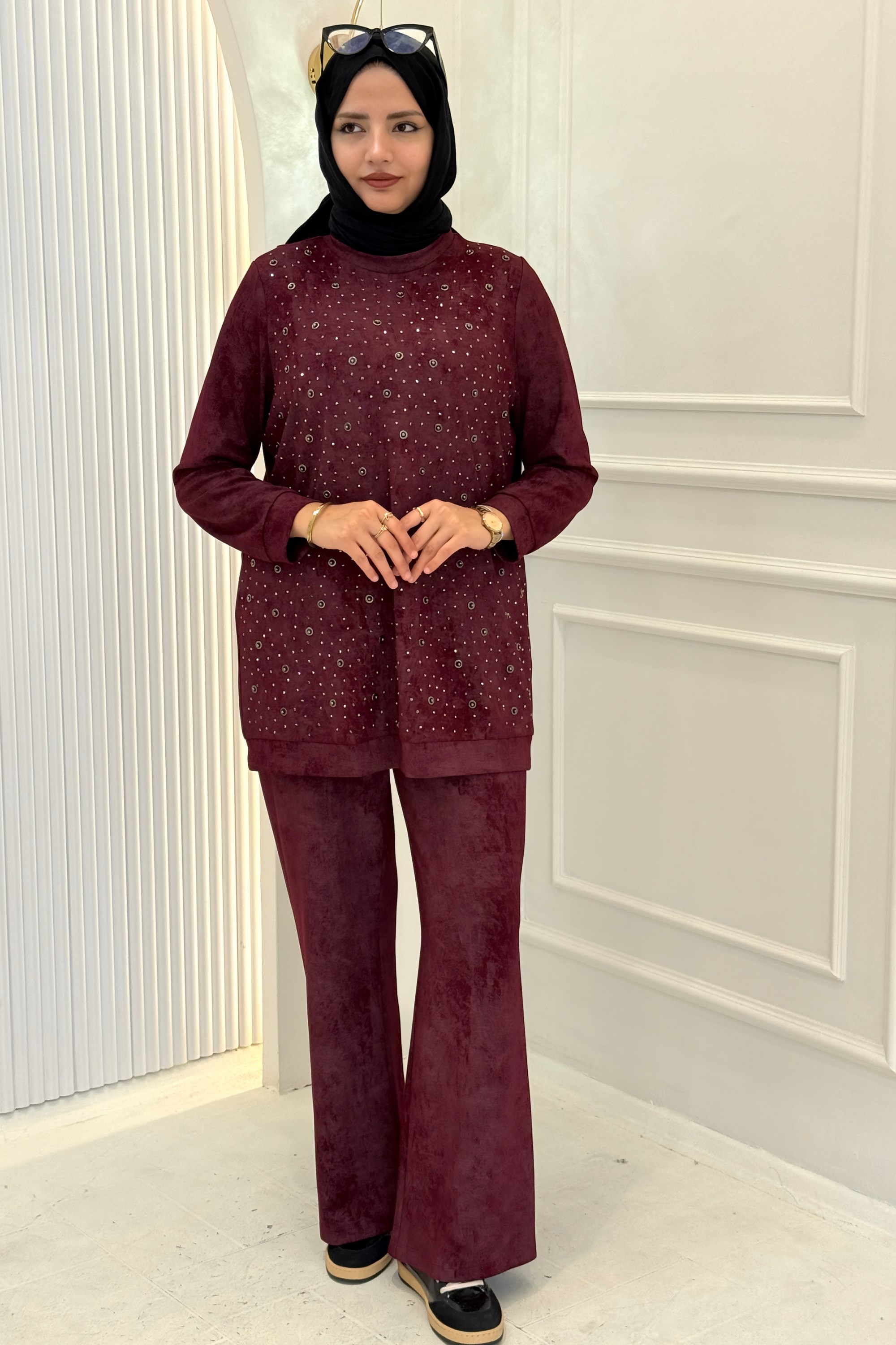 Orhan Store Taş Detaylı Tesettür Takım Bordo OTW2701