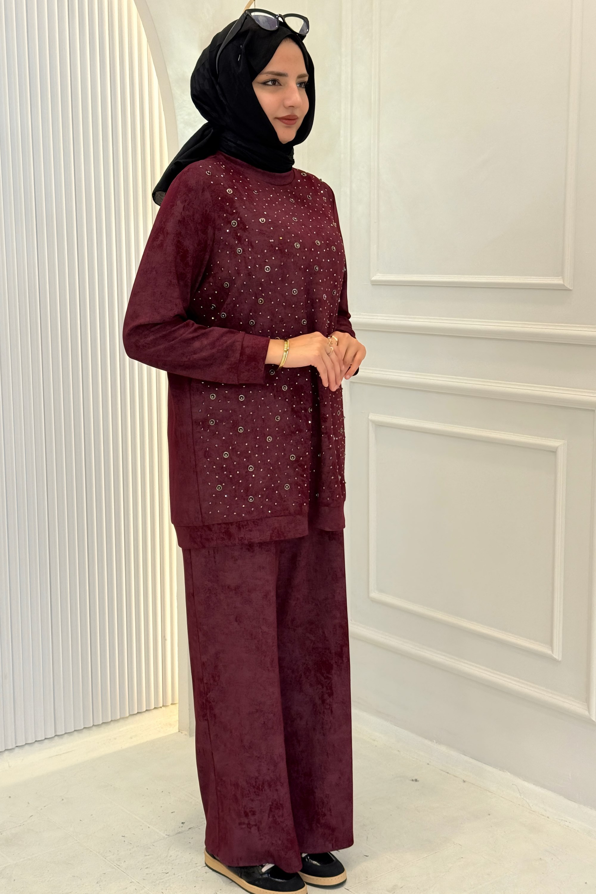 Orhan Store Taş Detaylı Tesettür Takım Bordo OTW2701