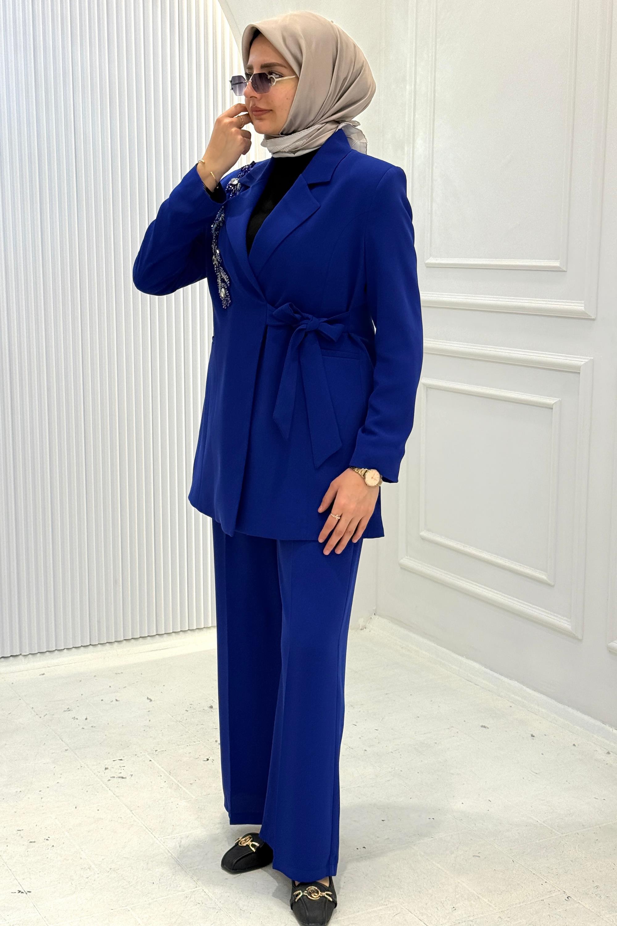 Orhan Store Taş İşlemeli Blazer Ceketli Tesettür Takım Saks OTW2780