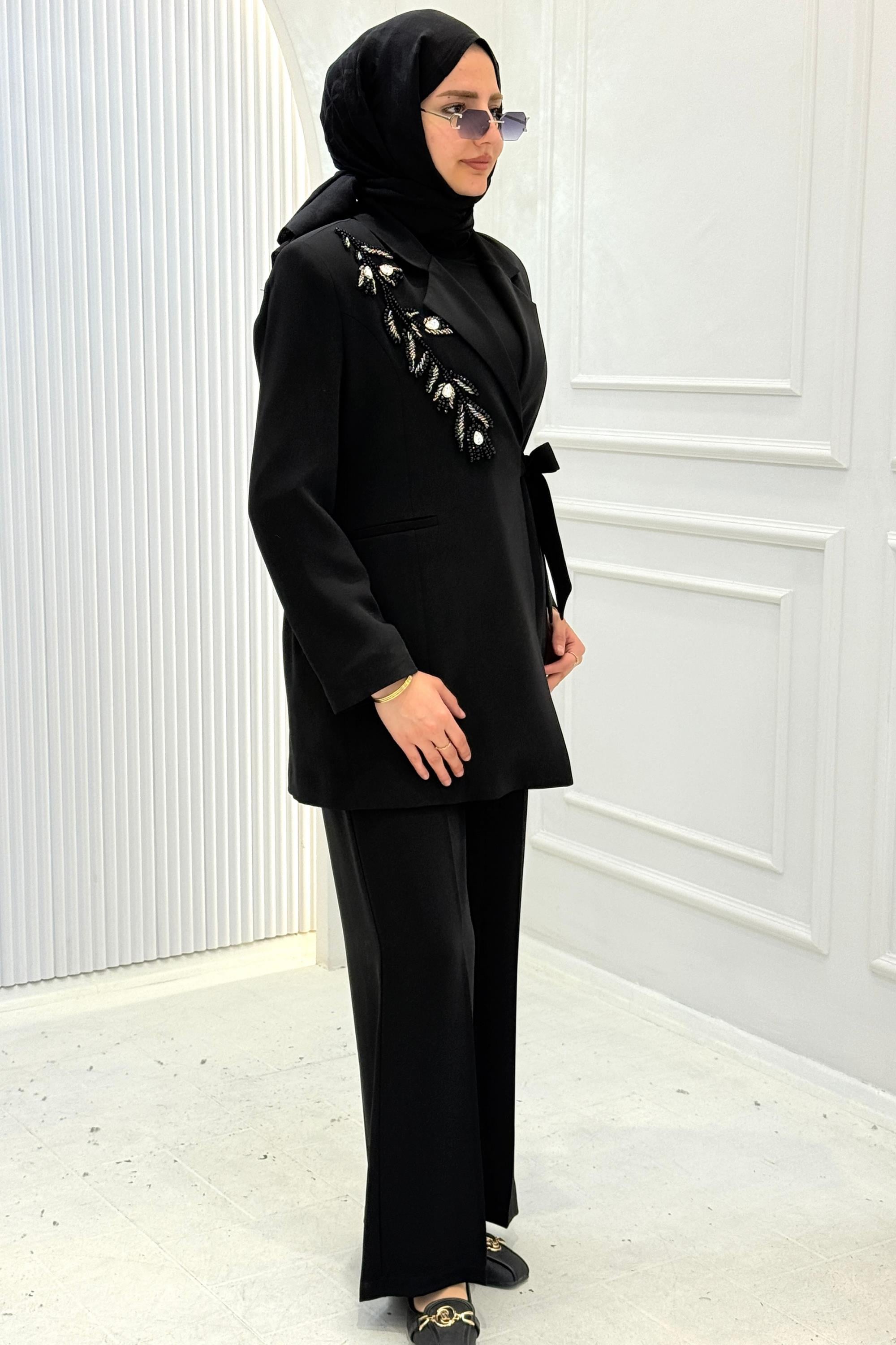 Orhan Store Taş İşlemeli Blazer Ceketli Tesettür Takım Siyah OTW2780